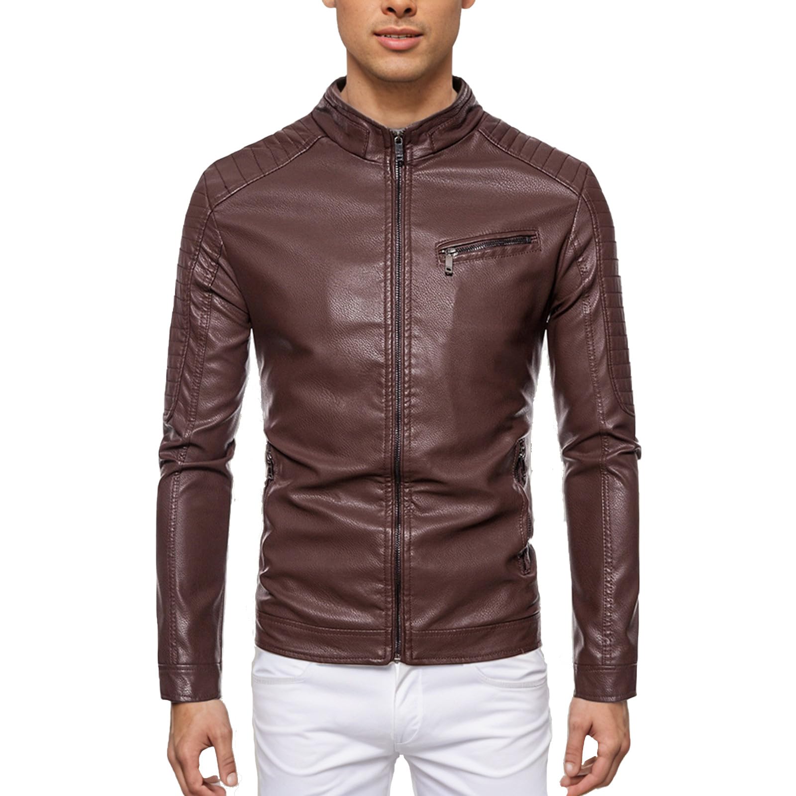 Chaqueta de piel sintética para hombre, corte estrecho, chaquetas de cuero, con cremallera completa, cuello alto, chaqueta de invierno, cómoda, cálida, chaqueta de entretiempo, chaqueta de