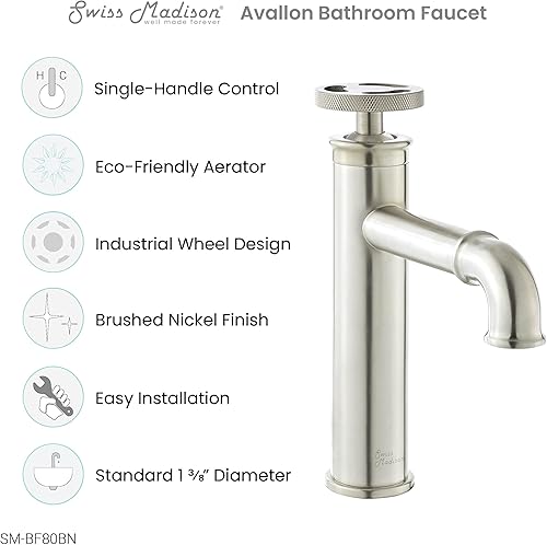 Miniatura 3 de Swiss Madison Avallon - Grifo de baño con un solo agujero, rueda de una sola manija, níquel cepillado