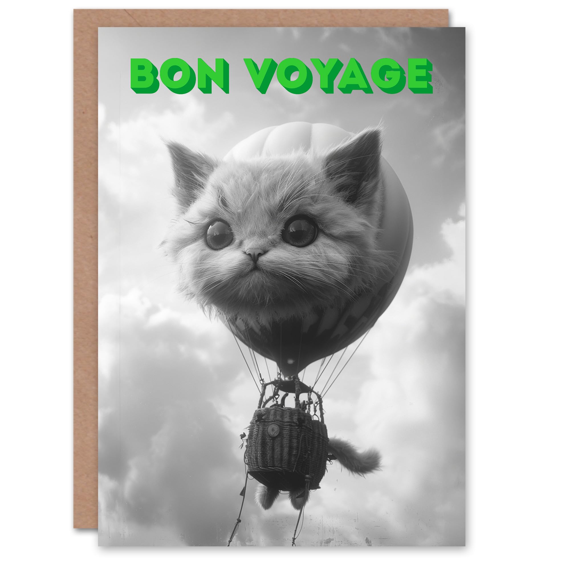 Artery8 Farewell Card Surreal Cat Lover Air Balloon Travel Bon Voyage Blank Arty Art All Occasion Greeting Card