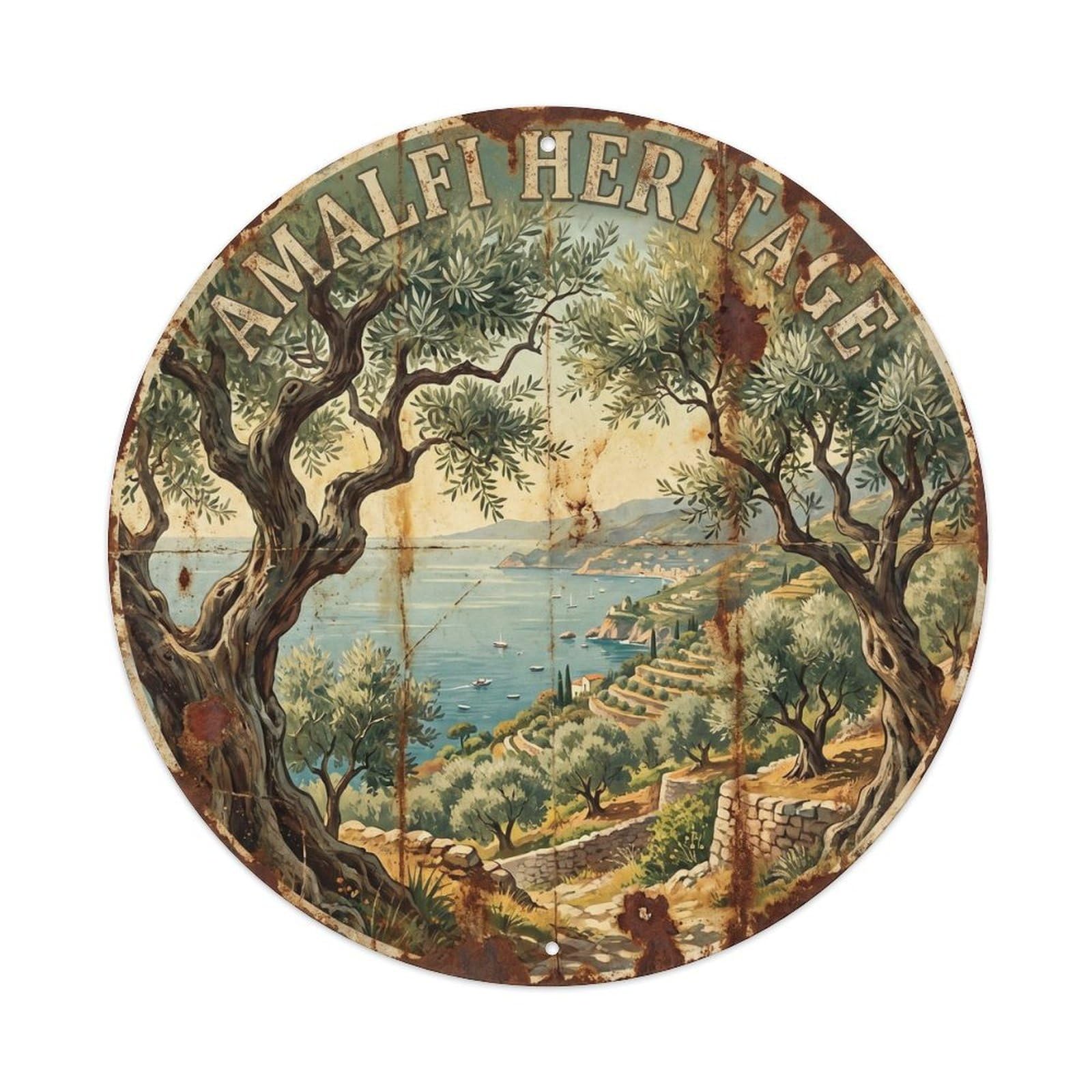 Vintage Travel Coastal Olive Grove Landscape Metal Tin Sign Plaque