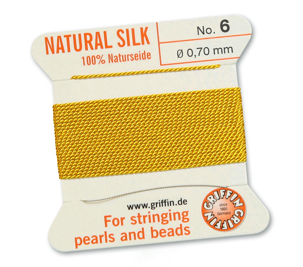 GRIFFIN 100% Natural Silk Beading Cord String Thread - Yellow - 2 metres with one needle - Size 0.70mm