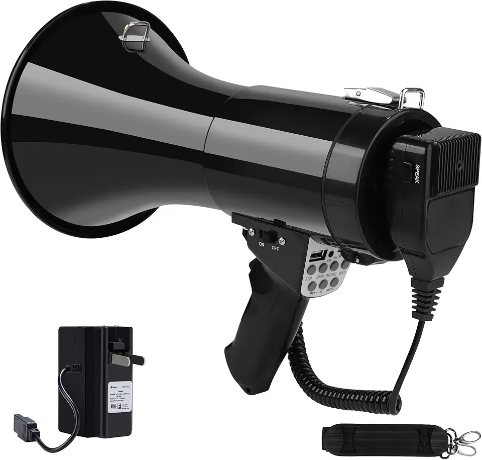 Megafone Bullhorn Bluetooth 50W com bateria recarregável - Mega telefone profissional com sirene e gravação 240s suporta USB/TF/entrada auxiliar de 3,5 mm - alcance de 1600 metros para atividades