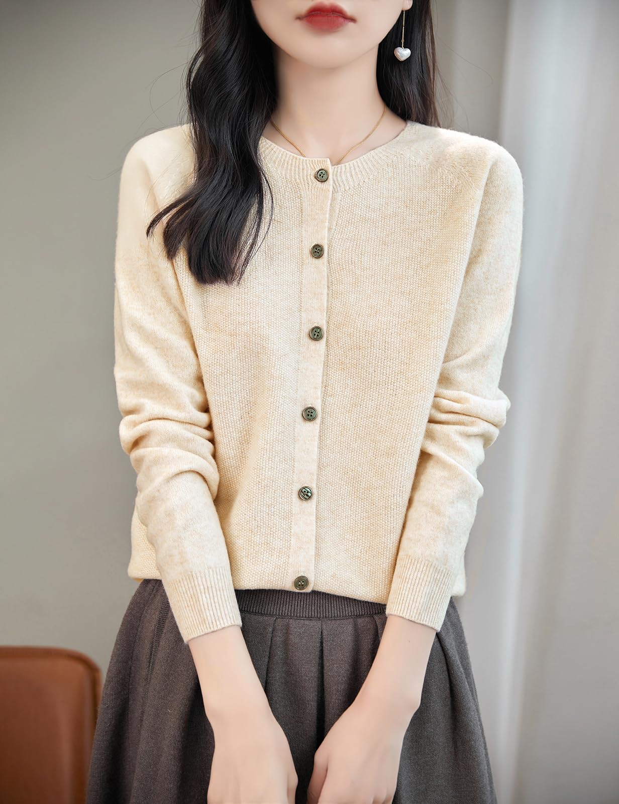 Chanyarn Cardigan Girocollo da Donna 100% Lana Merino Primavera Maniche Lunghe Senza Cuciture Maglia Cardigan Maglione