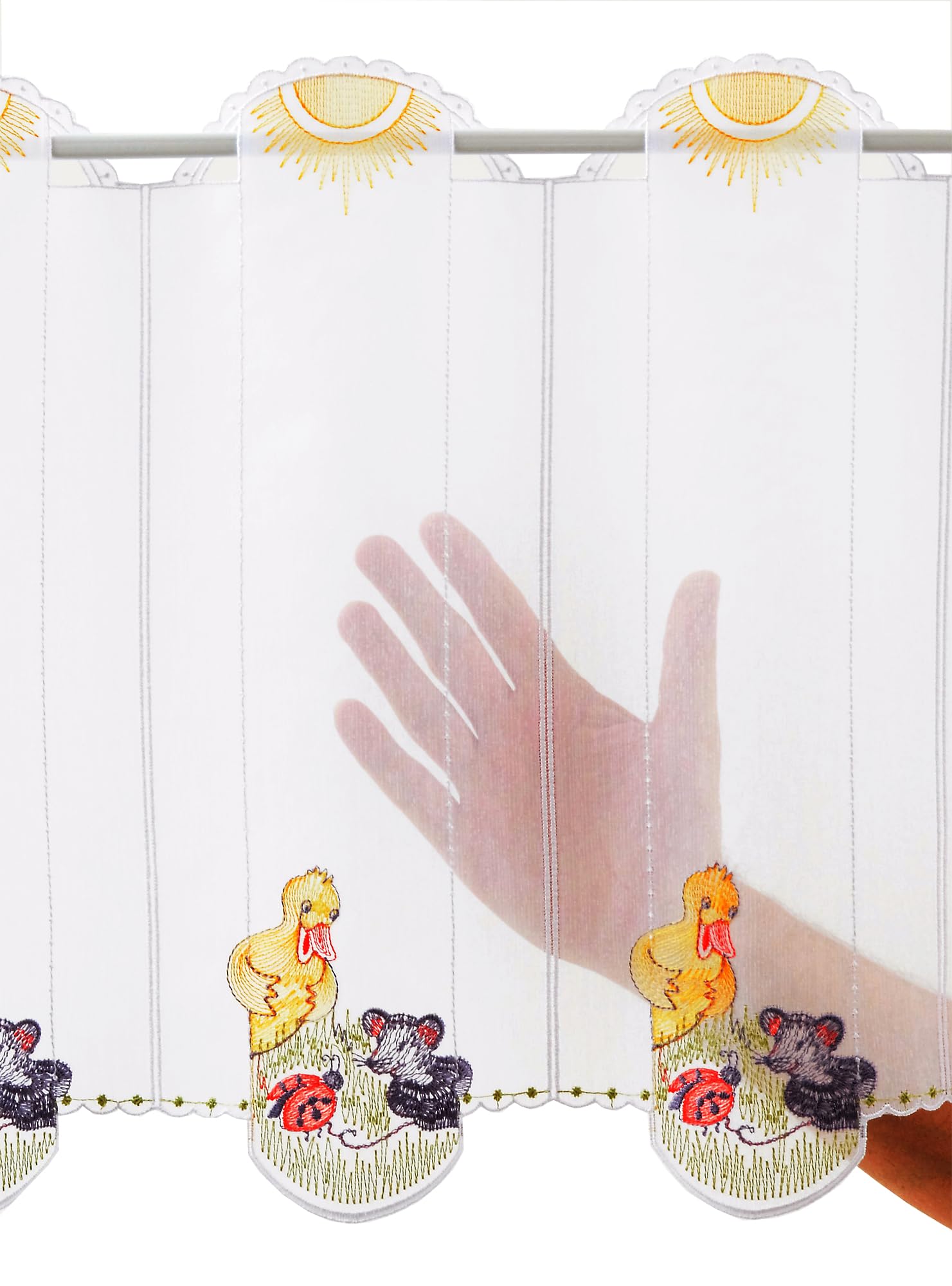 Scheibengardine Ente Maus Maikäfer 45x224 cm H/B weiß mit bunt Bistrogardine Vorhang Küche 1er Pack