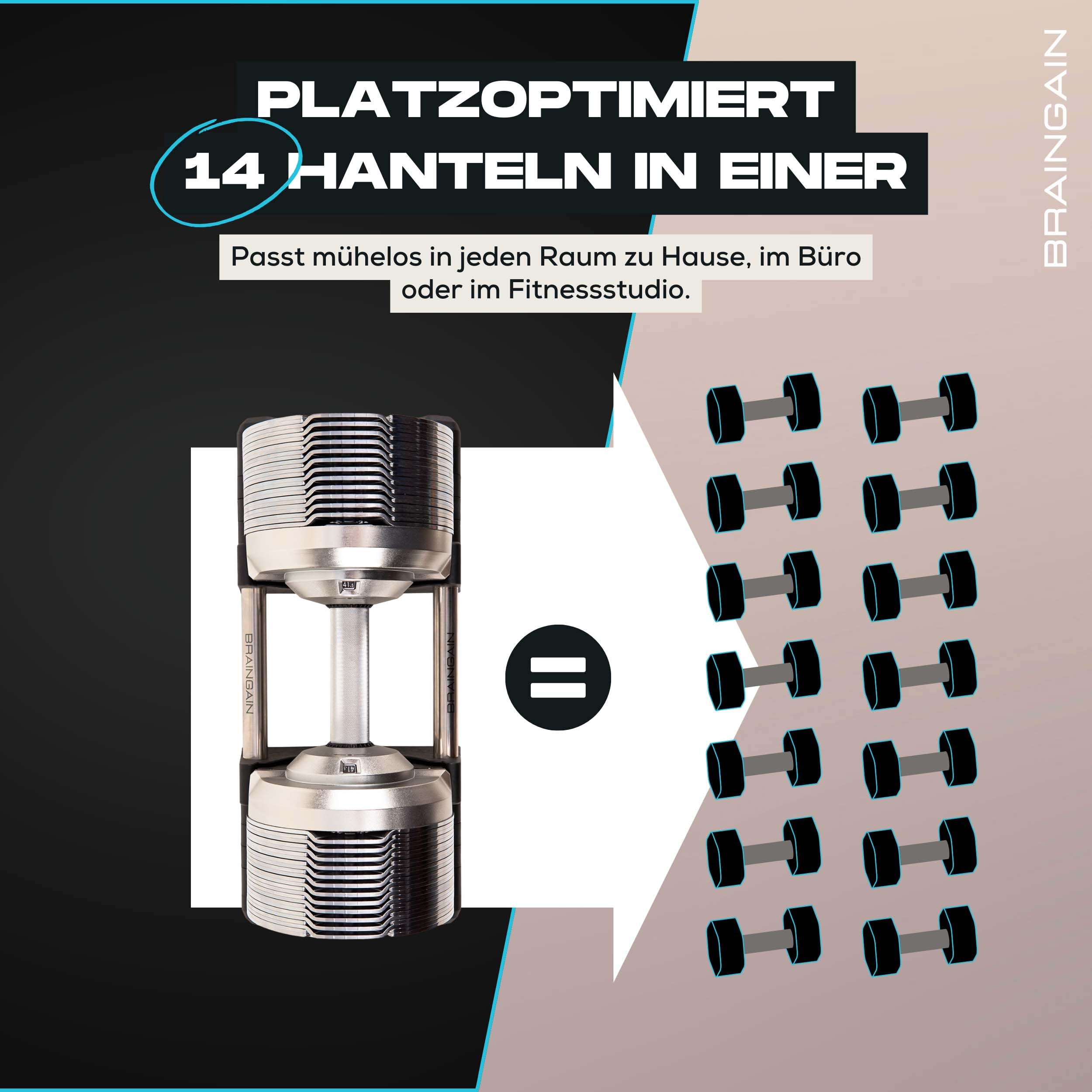 BRAINGAIN Verstellbare Kurzhantel Set 23,5kg / 32,5kg – Jetzt mit 34mm Gen 4-Griff – Gewichte in 1 Sek wechseln – Platzsparendes Homegym – Mehrere Gewichte in einem – Chrom/Schwarz