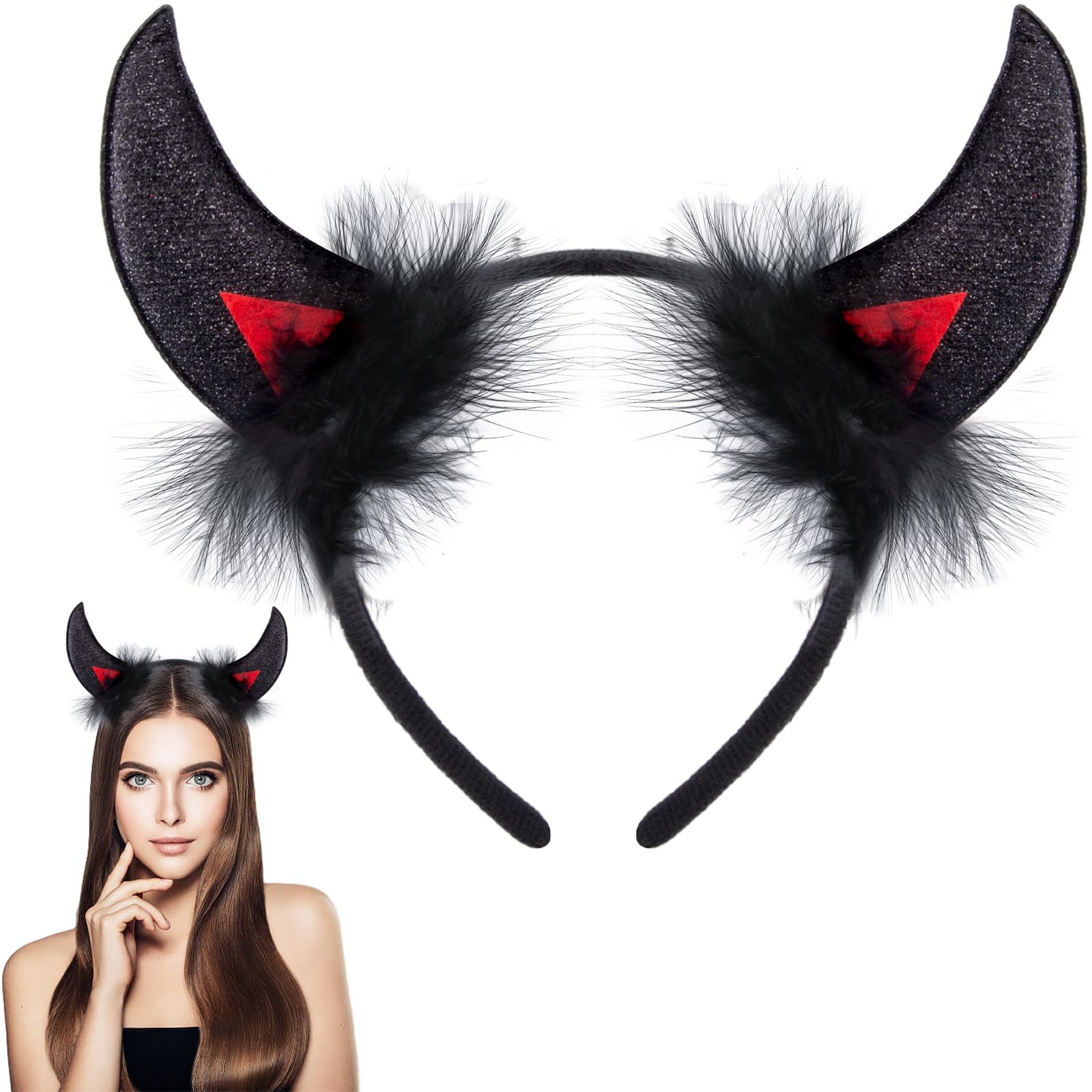 Devils Horns Headband, Black Devil Horns with Fur Headband Halloween Devil Ears Hairband for Kids Adults, Demon Horns Hairwear for Halloween Fancy Dress Cosplay Hen Night