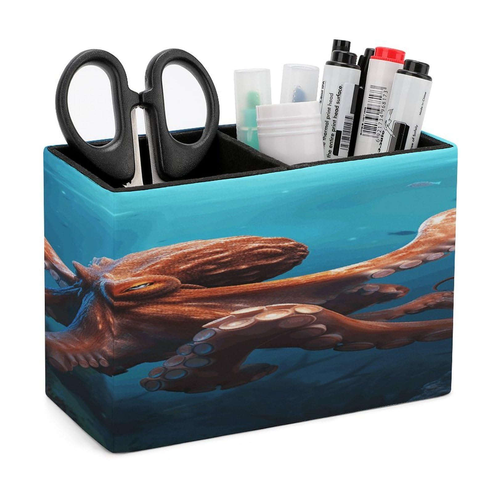 FodPand Ocean Animal Octopus Leather Pen Holder for Desk Organizers Caddy Pencil Holder Multi-function Pen Organizer Large Makeup Brush Holders Pencil Cup for Home Office Storage Box
