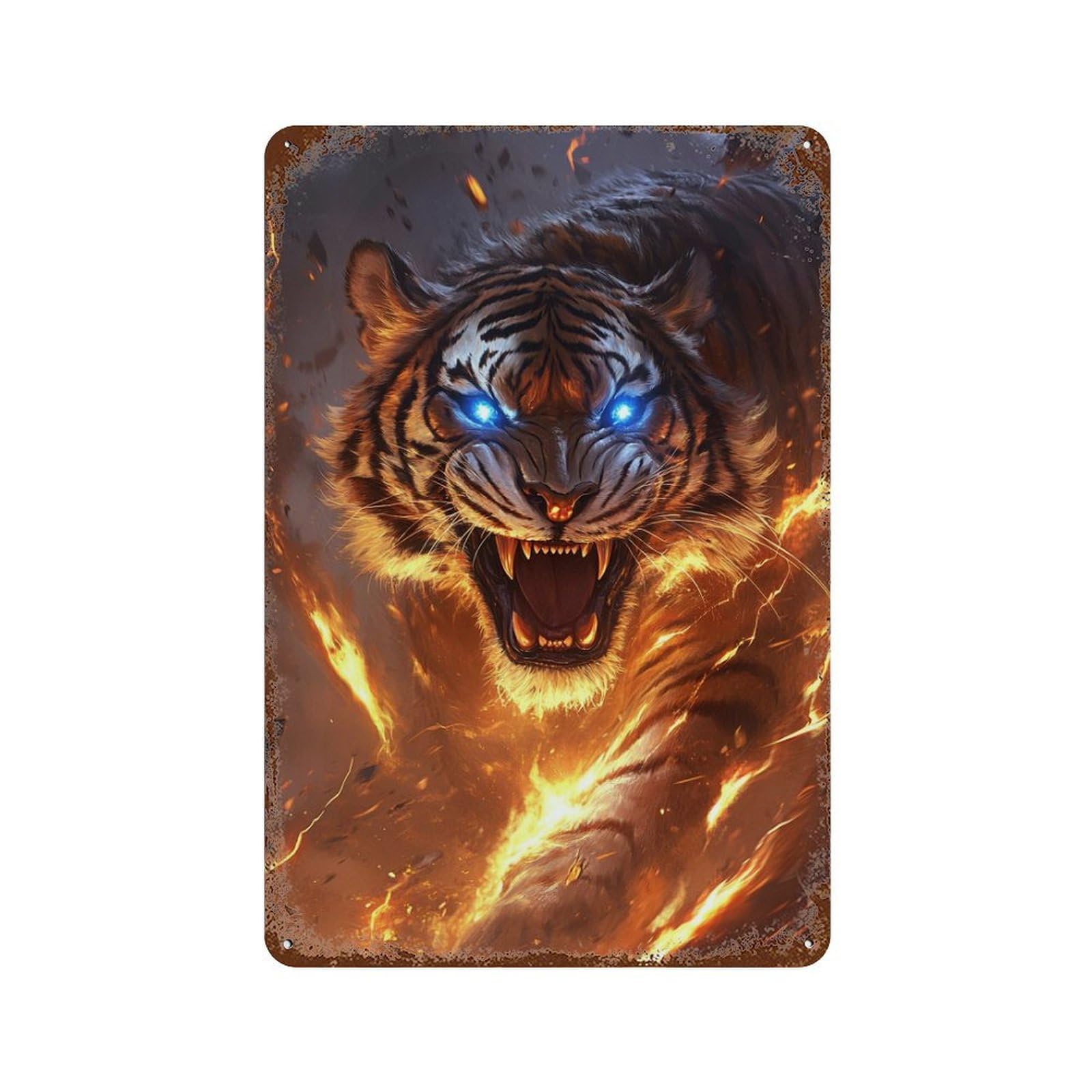 Weathered Tin Sign with Fiery Tiger Roar Design 11.8"x7.9", for Office, Studio And Wall Decor, Retro Wall Decor