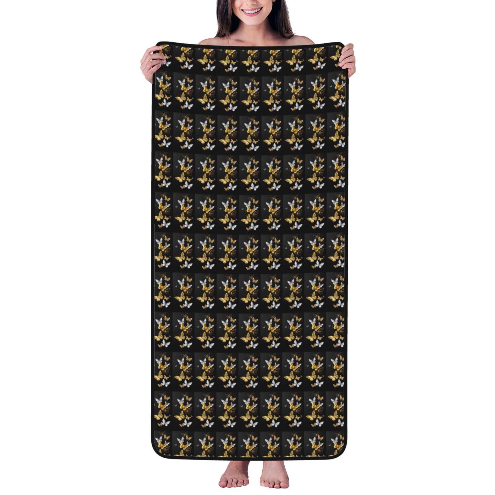 Ztpowqa Women's Black Gold White Butterflies Print Coral Velvet Bath Towel For Home Gym Lounging Bathroom Spa Hotel Beach Travel