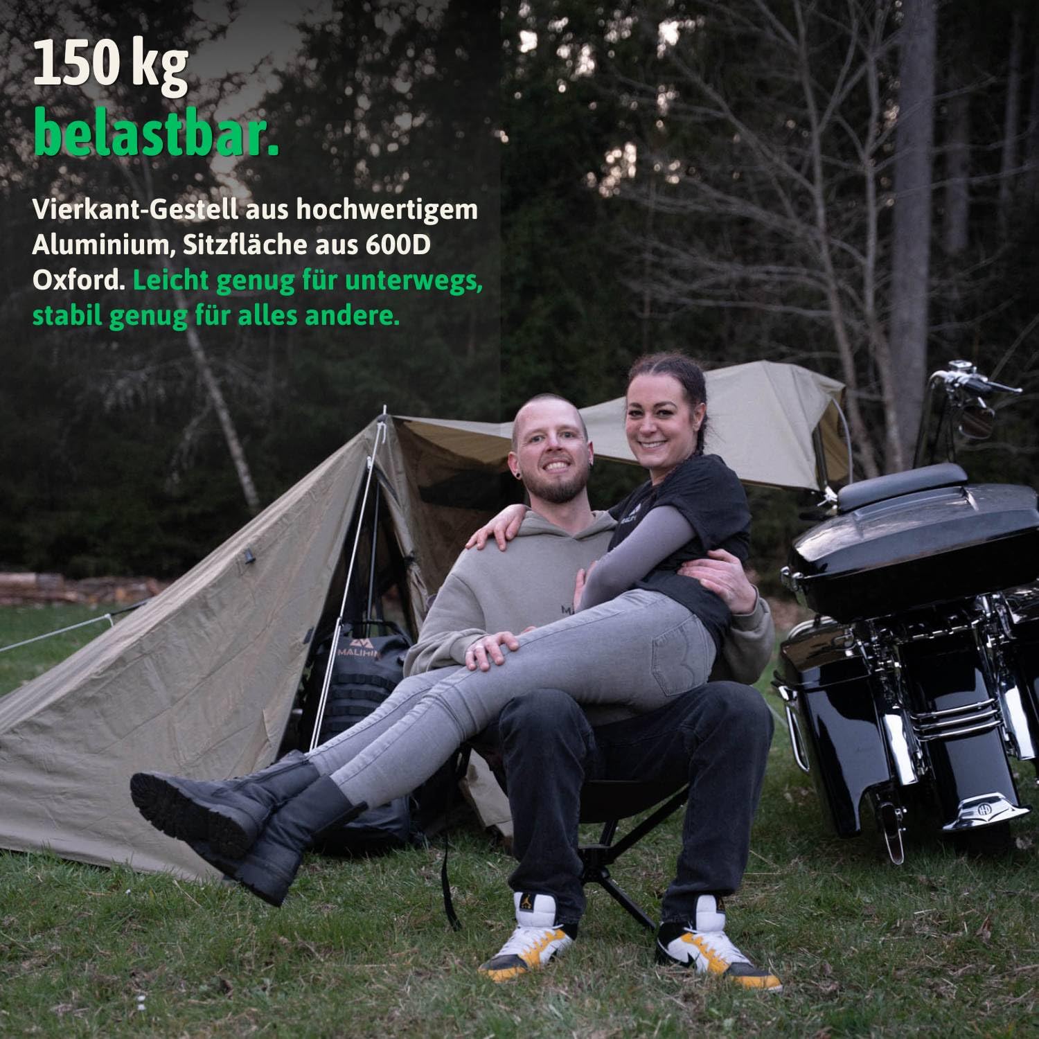 MALIHINI Campingstuhl faltbar [150 kg, 360° Fußgelenk] Kleines Packmaß 36 × 12 cm, leicht & kompakt | Drehbarer Campingstuhl mit Getränkehalter & Tasche | Camping & Outdoor (Braun)