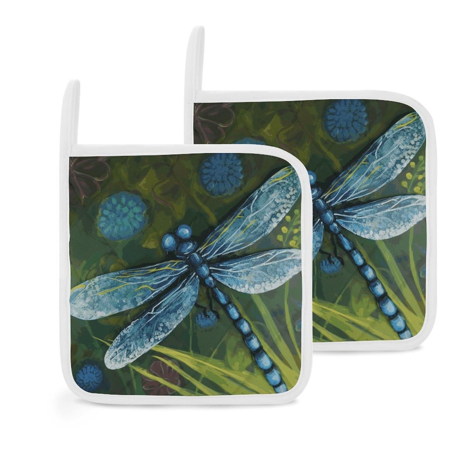 Btcowzrv Style Hand Painted Blue Dragonfly 2 Pack Pot Holders For Kitchen, Heat Resistant Potholder Set With Hanging Loops, Hot Pads For Oven Baking Cooking