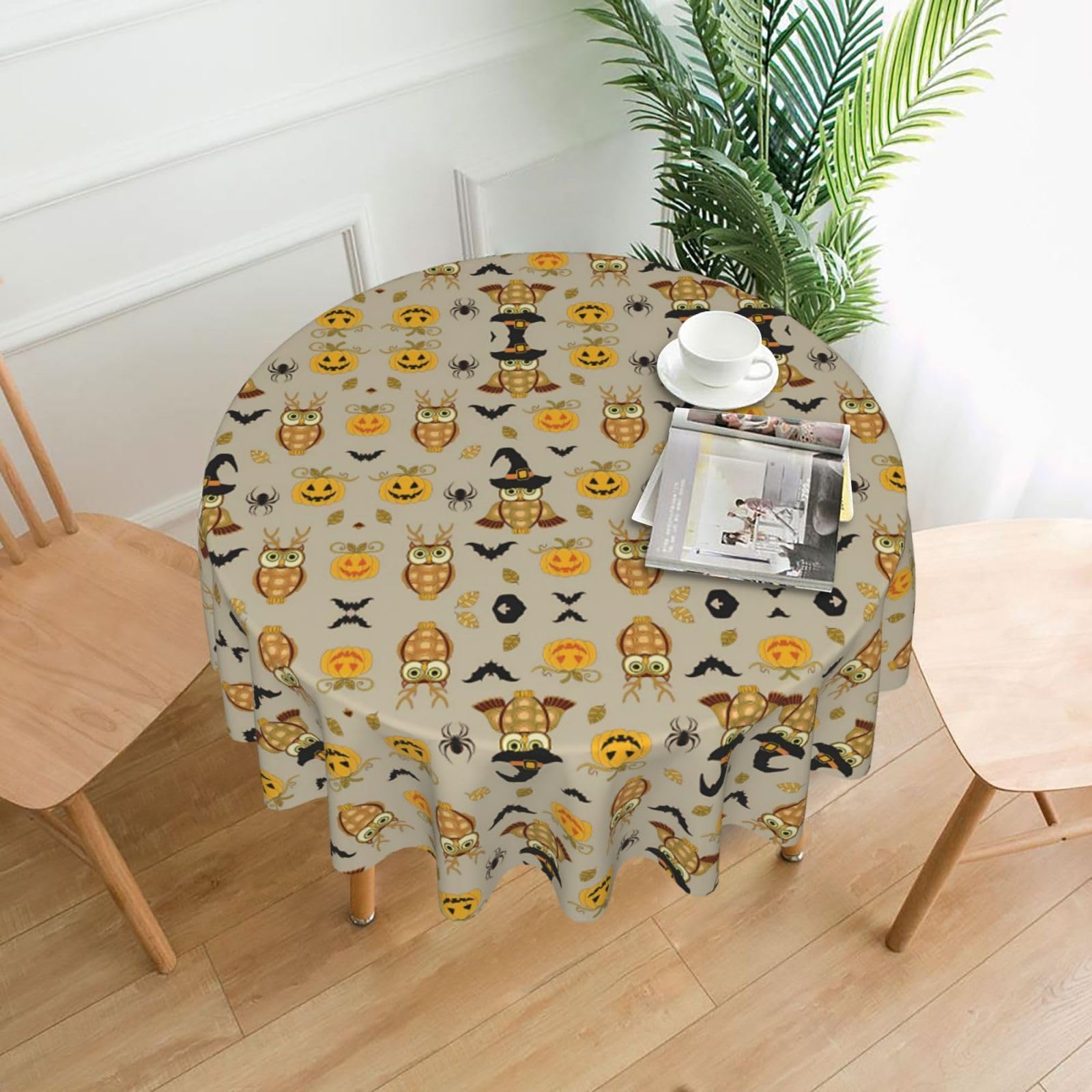 MROWYC Halloween Pumpkin and Owl Printed Practical Round Tablecloth, Durable, Suitable for Home, Restaurant, Hotel, Gathering, and Decorative Table Covers
