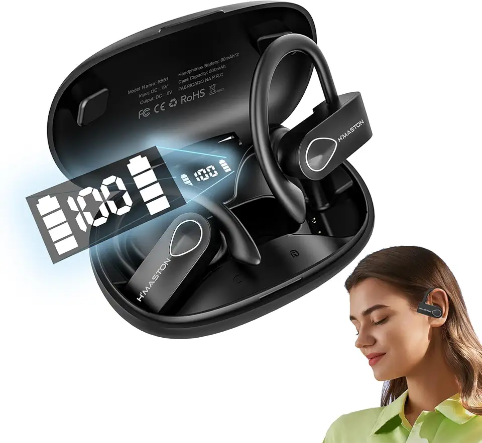 H'MASTON Fone de Ouvido Bluetooth Fone Sem Fio Esportivo com Microfone para iPhone Samsung Android Tela de LED RS-51 (Preto)