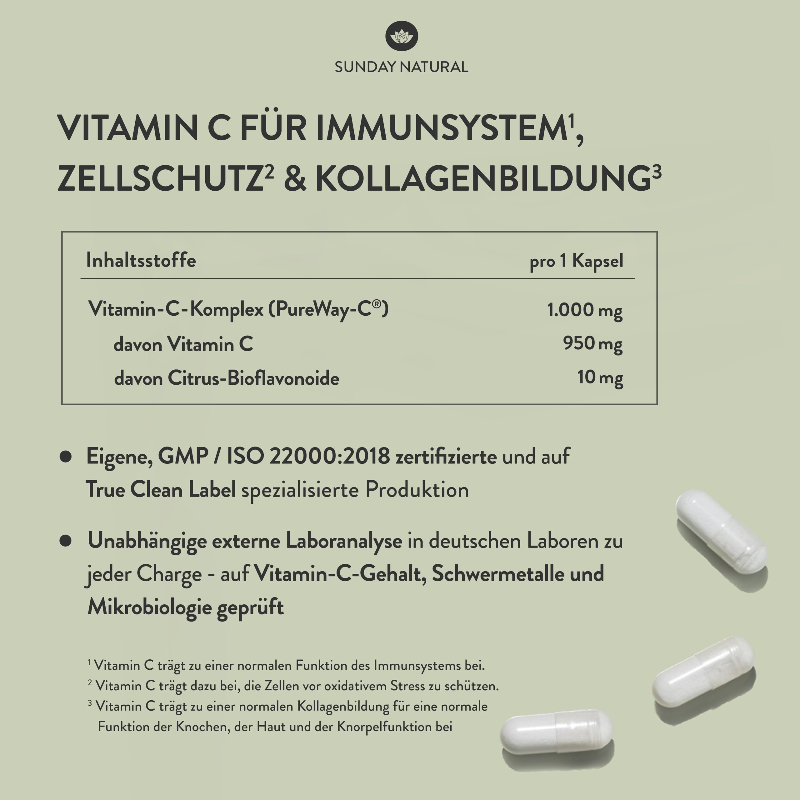 SUNDAY NATURAL® Vitamin C – 1000 mg Vitamin C – exklusiver PureWay® Komplex aus den USA – schnelle Absorption, mit Bioflavonoiden – laborgeprüft, ohne unnötige Zusätze – 240 Kapseln