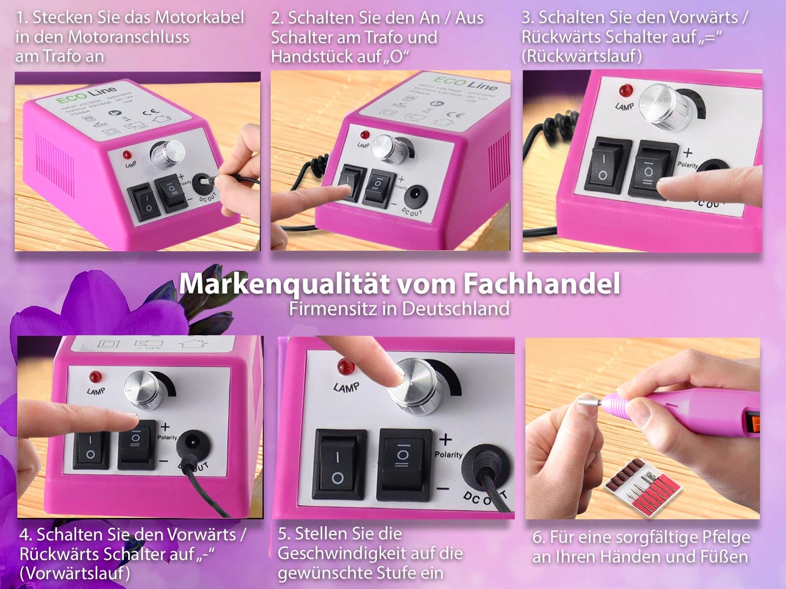 Elektrische Nagelfeile als Fußpflegegerät mit Spezial Fußpflege-Set | Nagelfräser, Maniküre und Pediküre Gerät mit 10 Profi Diamantschleifer in einer Aufbewahrungsbox zur attraktiven Nagelpflege