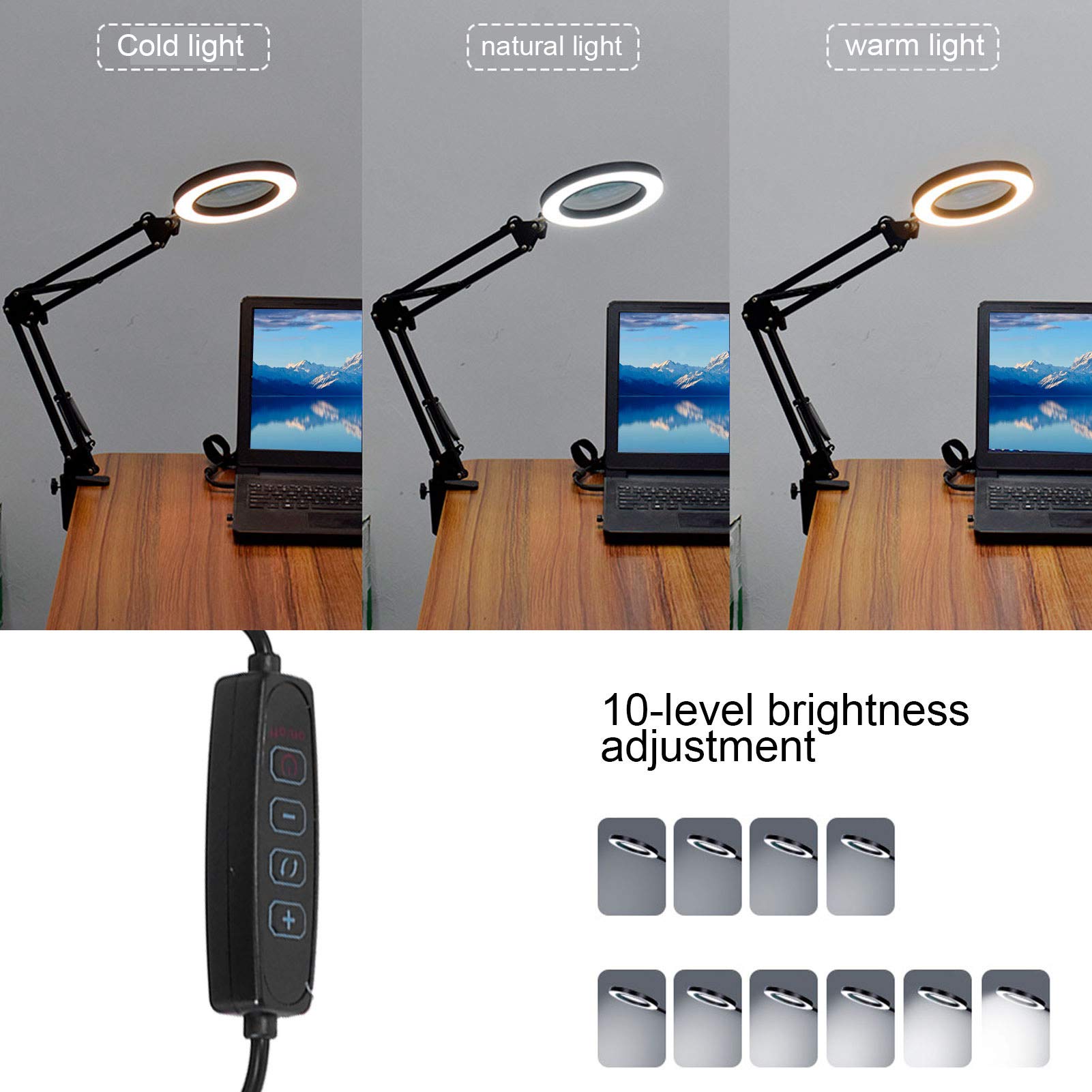 Lámpara de Aumento LED Luz de Lupa de Escritorio de Hierro y Plástico 5X USB Regulable 3 Modos de Color 10 Niveles de Brillo con Abrazadera para Lectura Bordado Tatuaje Reparación de