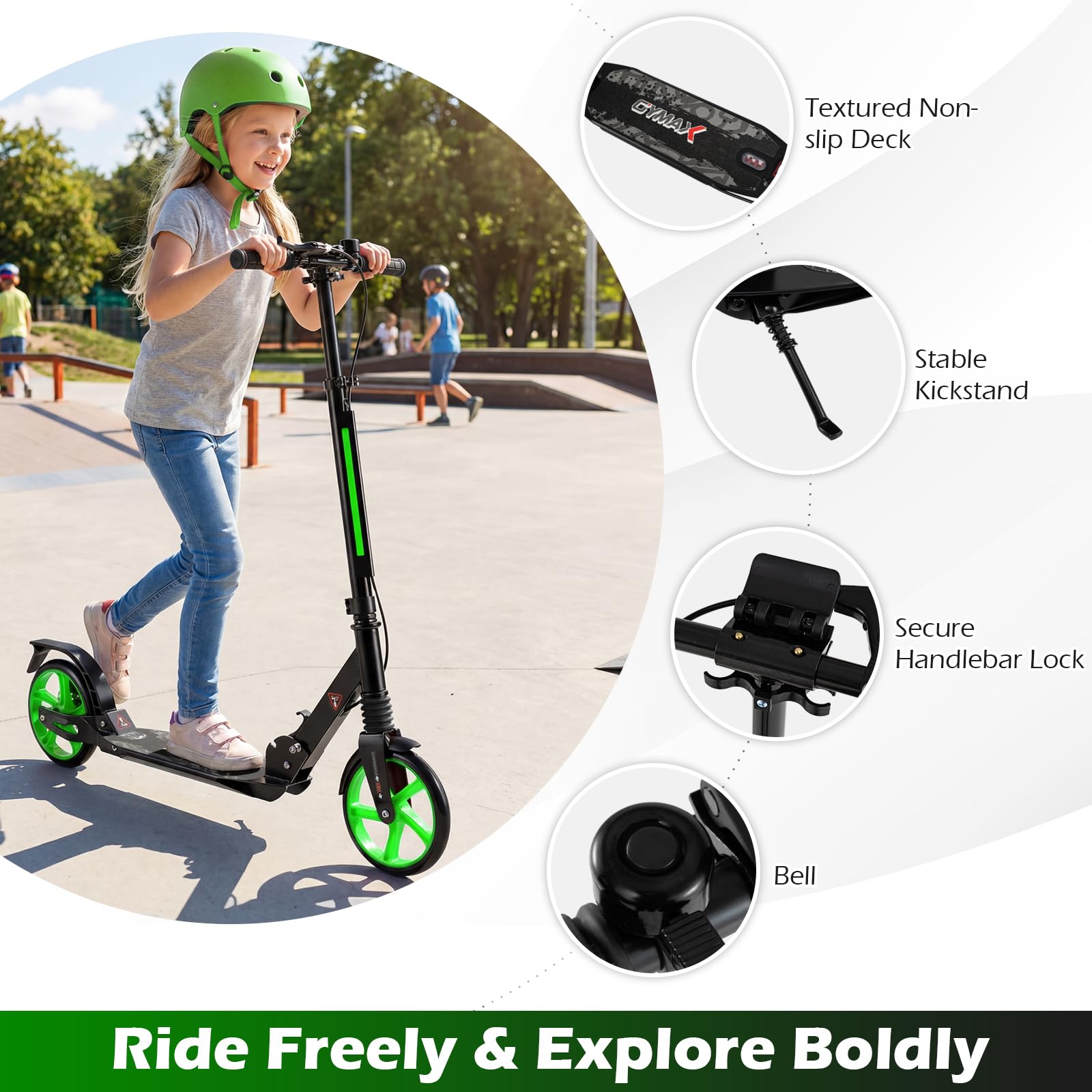 GYMAX Patinete Plegable, Manillar Ajustable para Adultos con Ruedas Grandes y Correa de Transporte, Patinete Ligero para Adolescentes y Adultos a Partir de 8 años