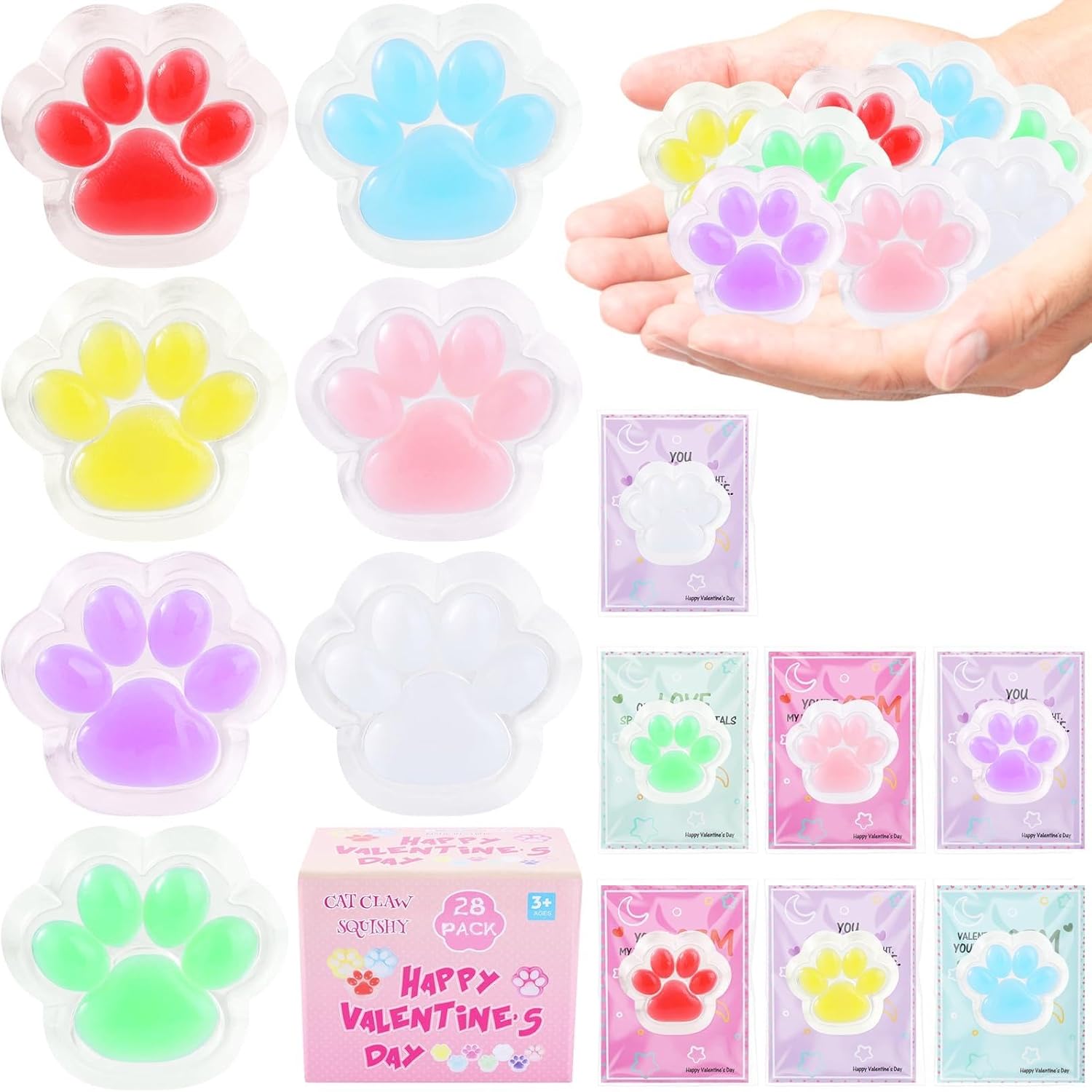28 Pack Taba Squishy Pack with Squishy Cat Paw Stress Balls | Soft Sensory Fidget Toys for Kids, Classroom Exchange Gifts, Party Favors & Anxiety Relief