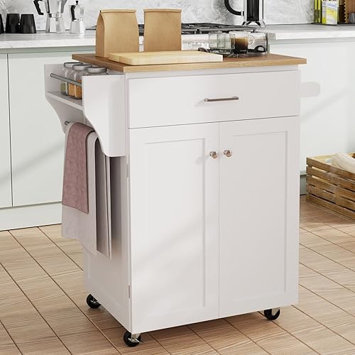 Miniatura 2 de Isla de cocina, carrito pequeño con cajones, armario de 2 puertas, estante de especias y asa de toalla, carritos de cocina con ruedas con