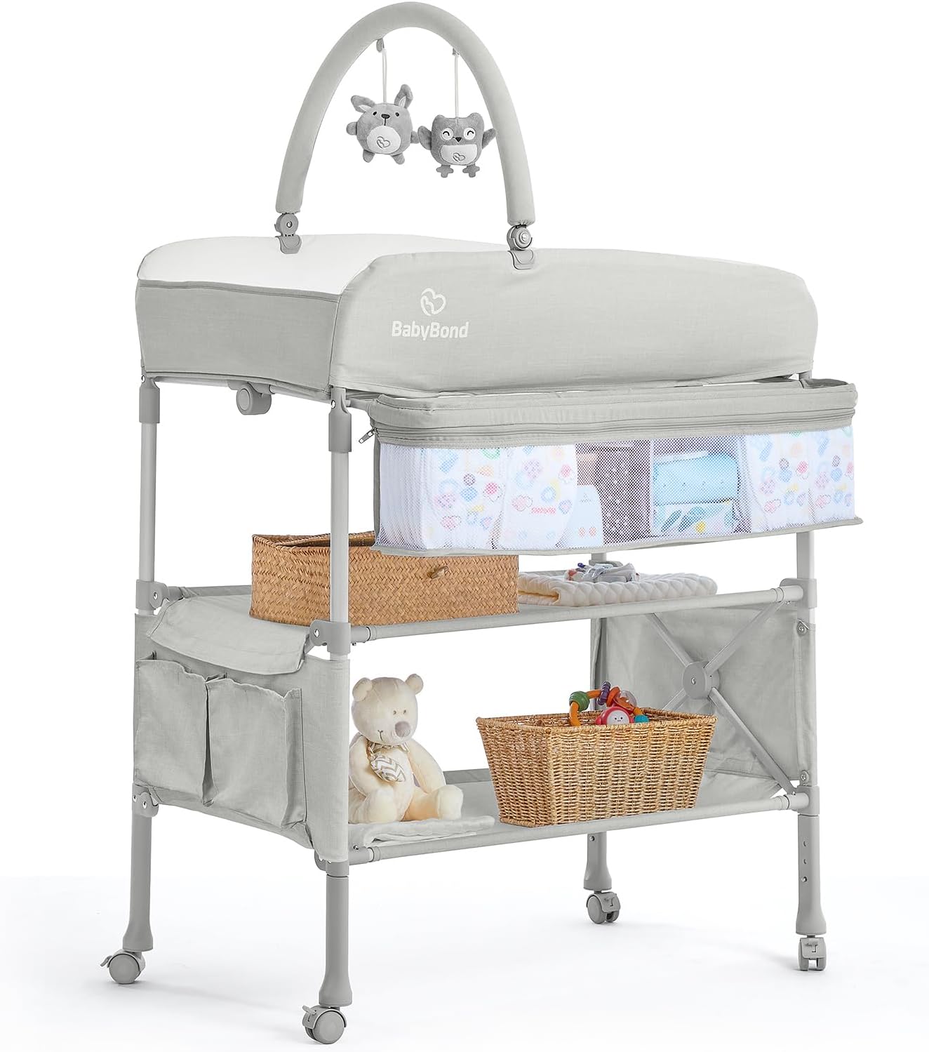 Portable Baby Changing Table, BabyBond Foldable Changing Table Dresser Waterproof Diaper Changing Table Height Adjustable Changing Station for Infant and Newborn(Beige)