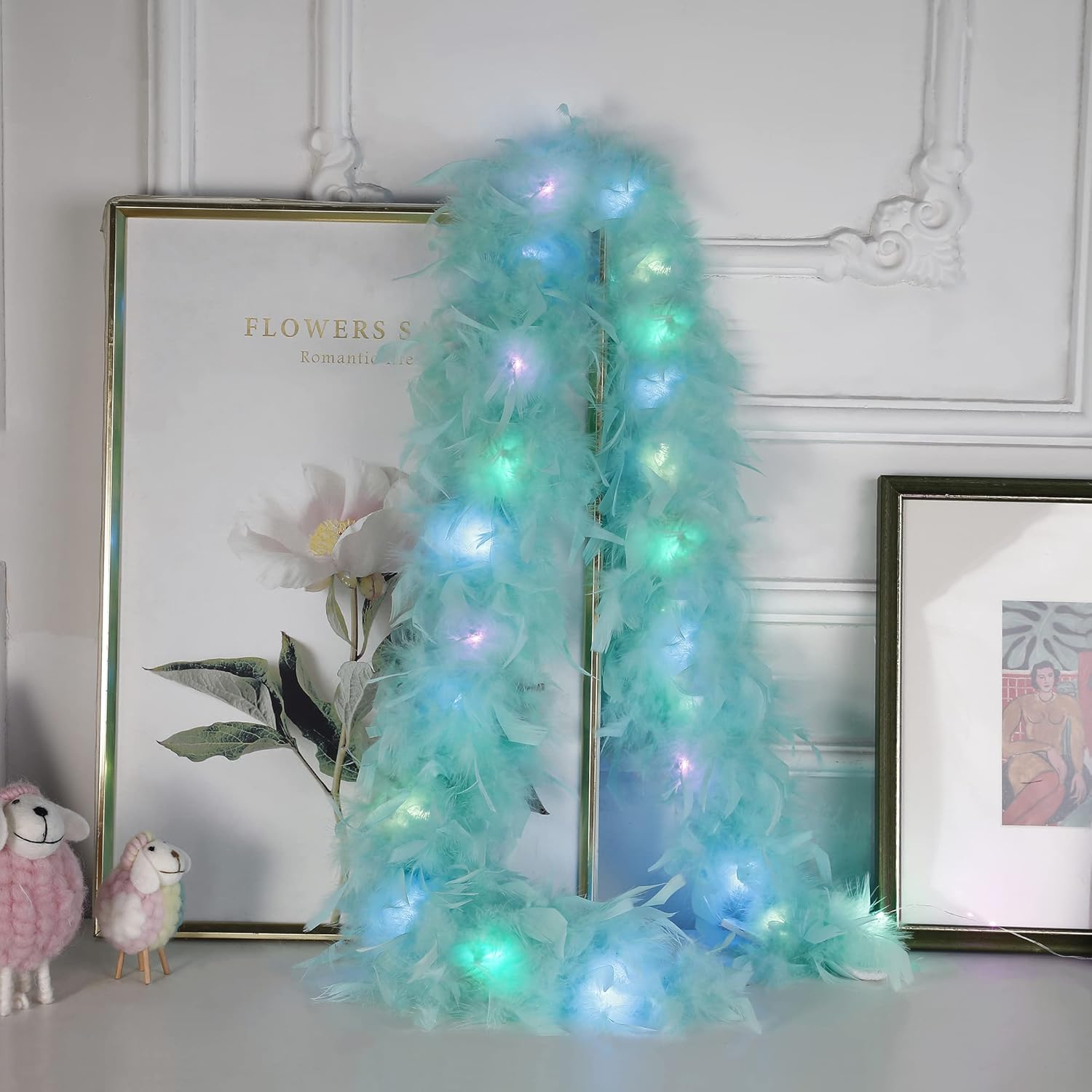Green Light Up Boa - 2Yards 75g Colorfu 20 LED Feather Boas for Party,Wedding,Halloween Costume,Christmas and Home Decoration (Aquamarine Green) - Image 7
