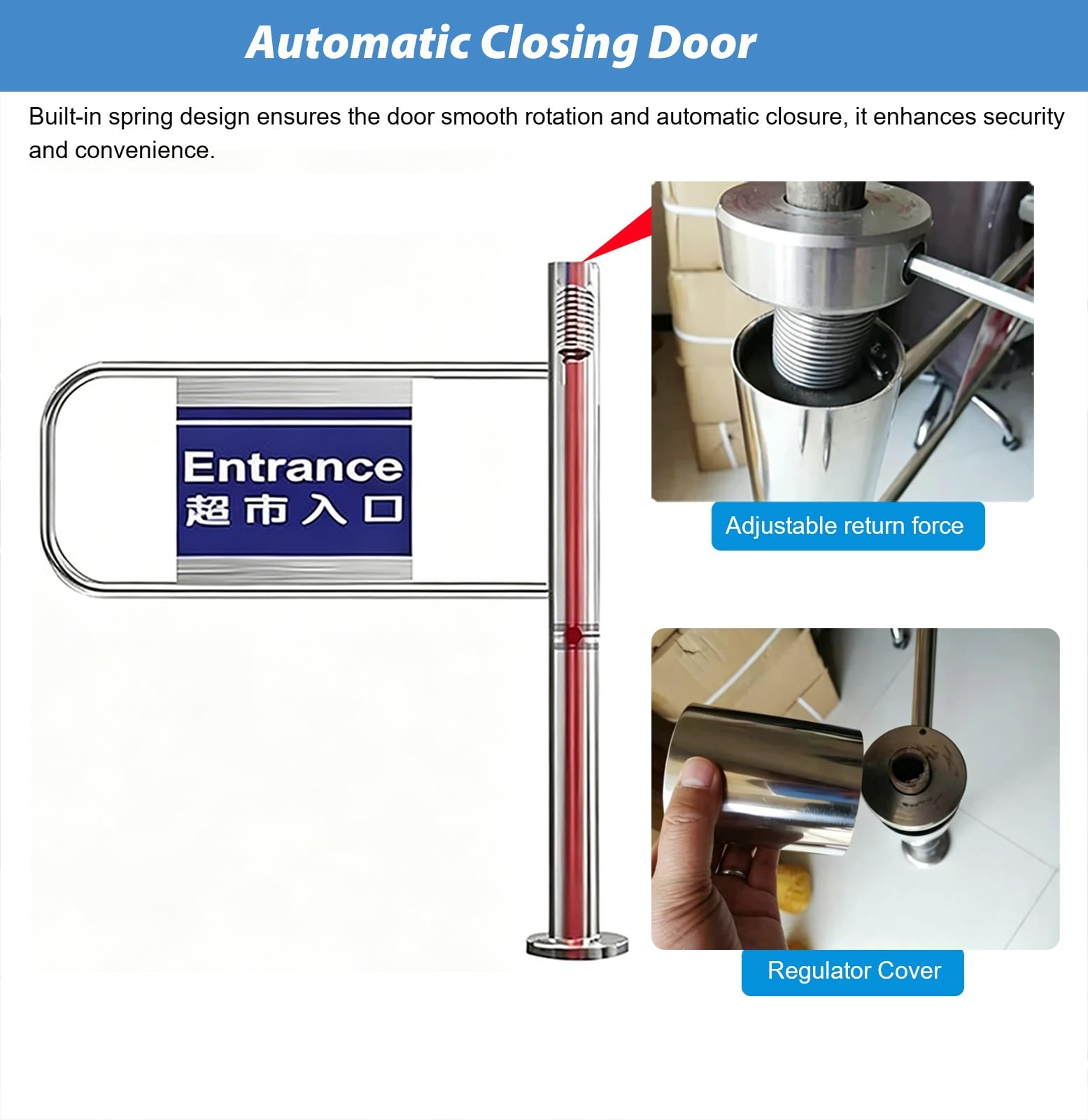 Puerta oscilante de seguridad industrial resistente con resorte, puerta manual de cierre automático unidireccional para un acceso seguro de peatones en supermercados y almacenes