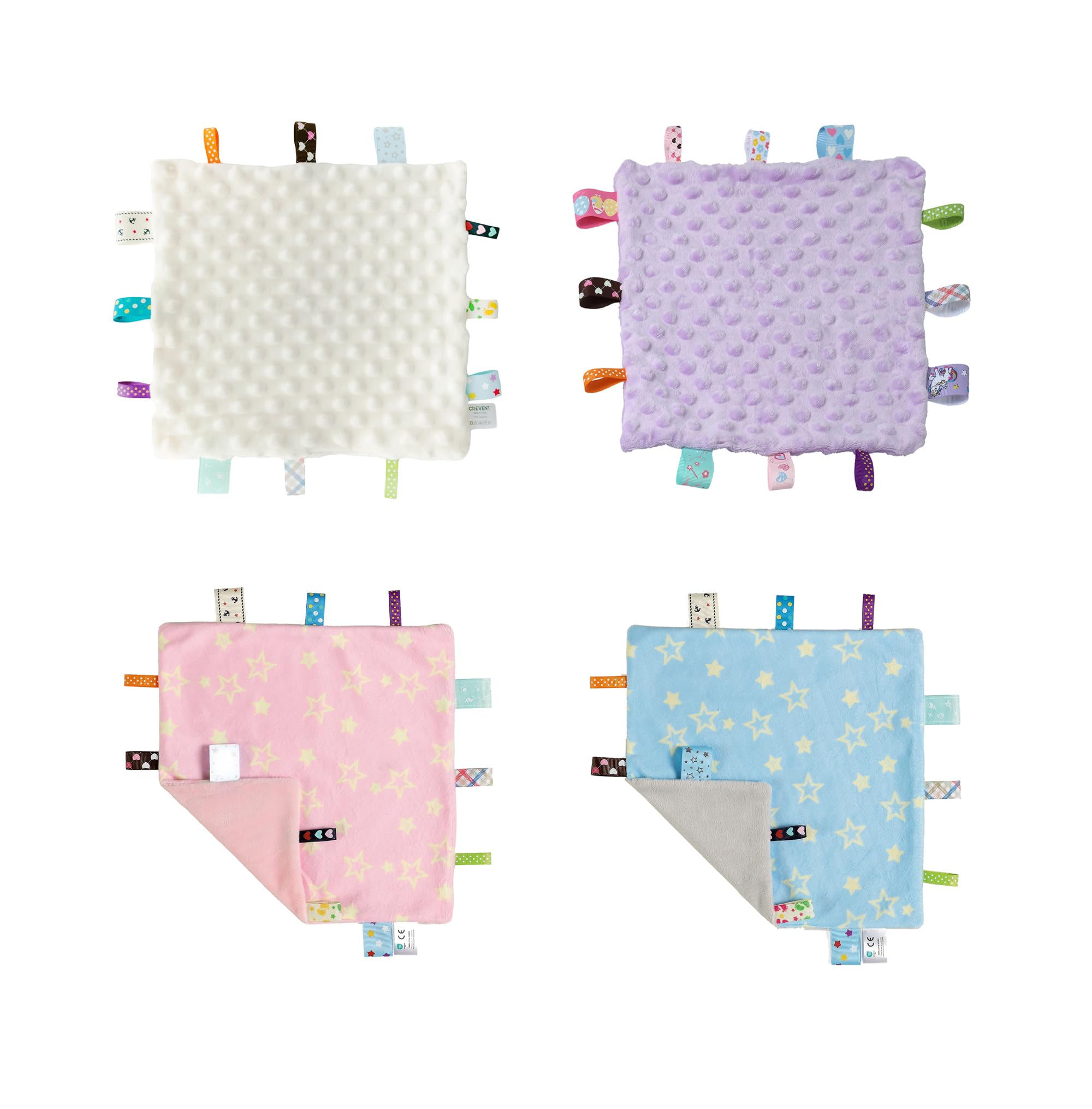 CREVENT Tag Security Blankets for Babies, Soft Small Baby Comforter Sensory Blanket, Great Gifts for Birthday Baby Shower - 24X24cm/10 X10 Pink Star + Blue Star + Ivory + Purple