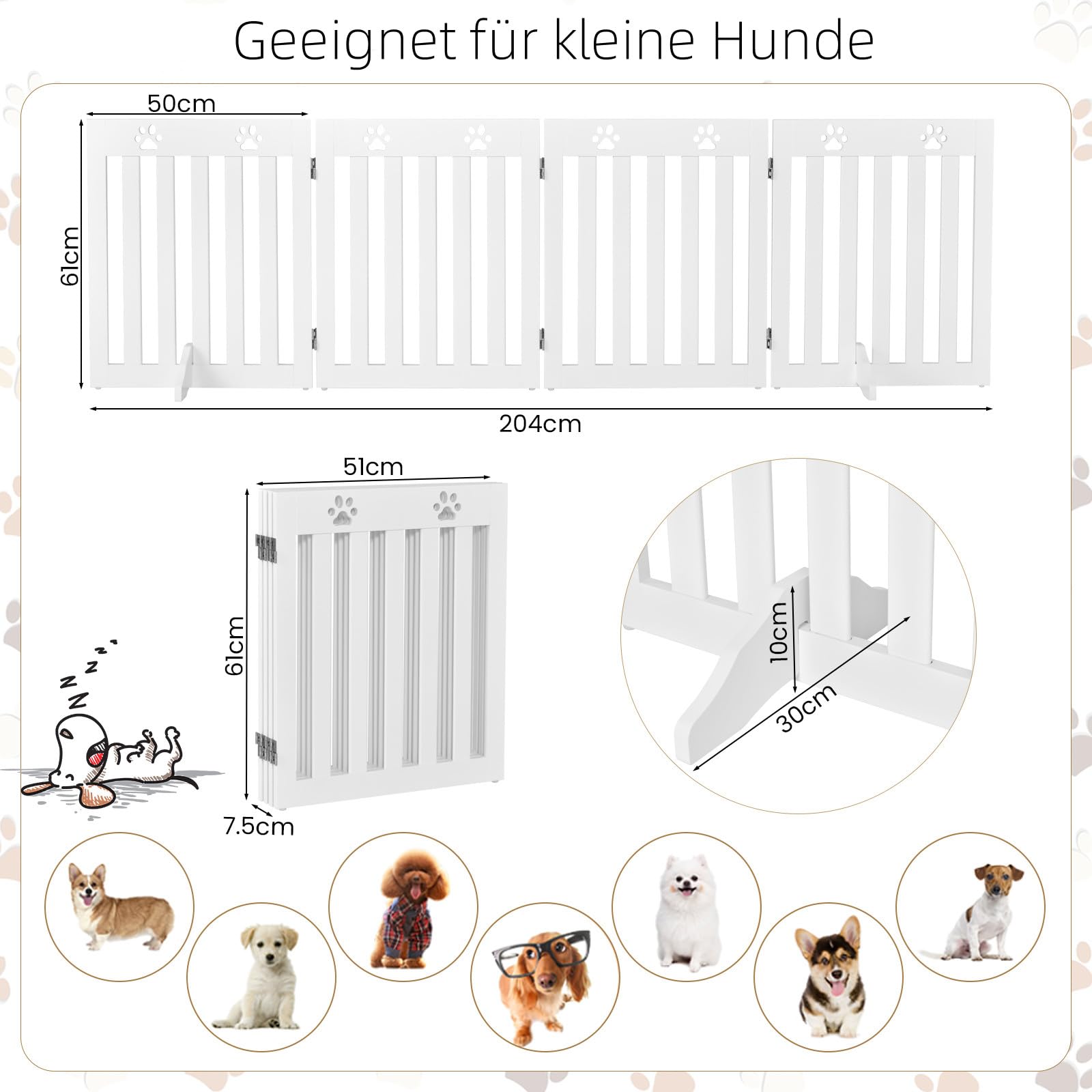 RELAX4LIFE Schutzgitter faltbar, Absperrgitter 3/4 Teile, Hundegitter Hundespur-Design, für Kinder Hunde Tiere, Sicherheitsgitter 360° drehbar, Gitter für Treppe Balkon Kamin Tür (4 Teilig, Weiß)