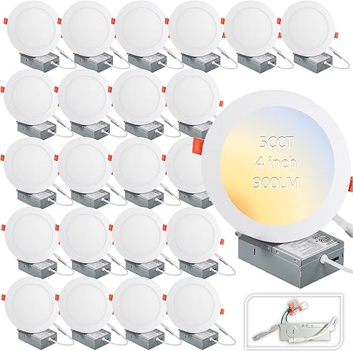 SLEEKLIGHTING Luz de panel plano empotrable ultrafina de 4 pulgadas 9W 5CCT seleccionable con caja de conexiones (paquete de 24)