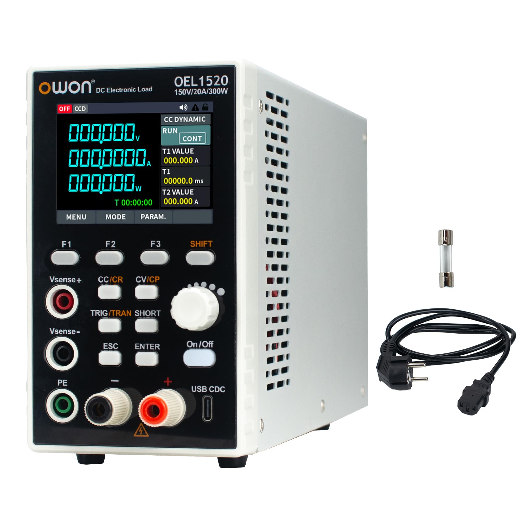 OWON Programmierbare elektronische Gleichstromlast OEL1520, DC 150V, 20A, maximal 300W, USB/RS232, CV CC CR CP, 4 Betriebsmodi, 5 kHz dynamisch, Labor-Leistungstester mit 2,8-Zoll-TFT-LCD-Display