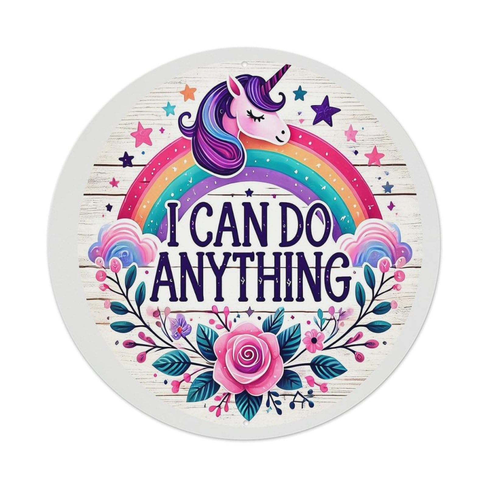 Unicorn Rainbow Flowers Stars Text Round Metal Tin Sign Vintage Wall Decor, Bar Garage Cafe Kitchen Home Wall Art Poster 8x8inches
