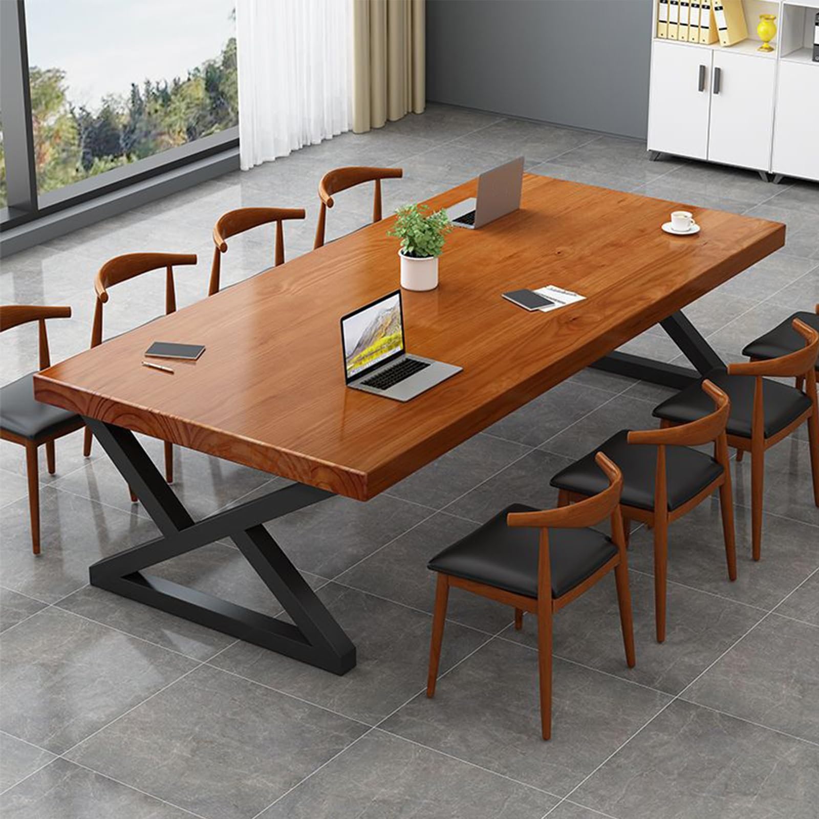 Konferenztisch, großer Konferenztisch aus Massivholz für Moderne Büros und Besprechungsräume, Dickes Gestell aus Kohlenstoffstahl, 160 x 76 x 71 cm, stilvolle Oberfläche, ideal für den gewer