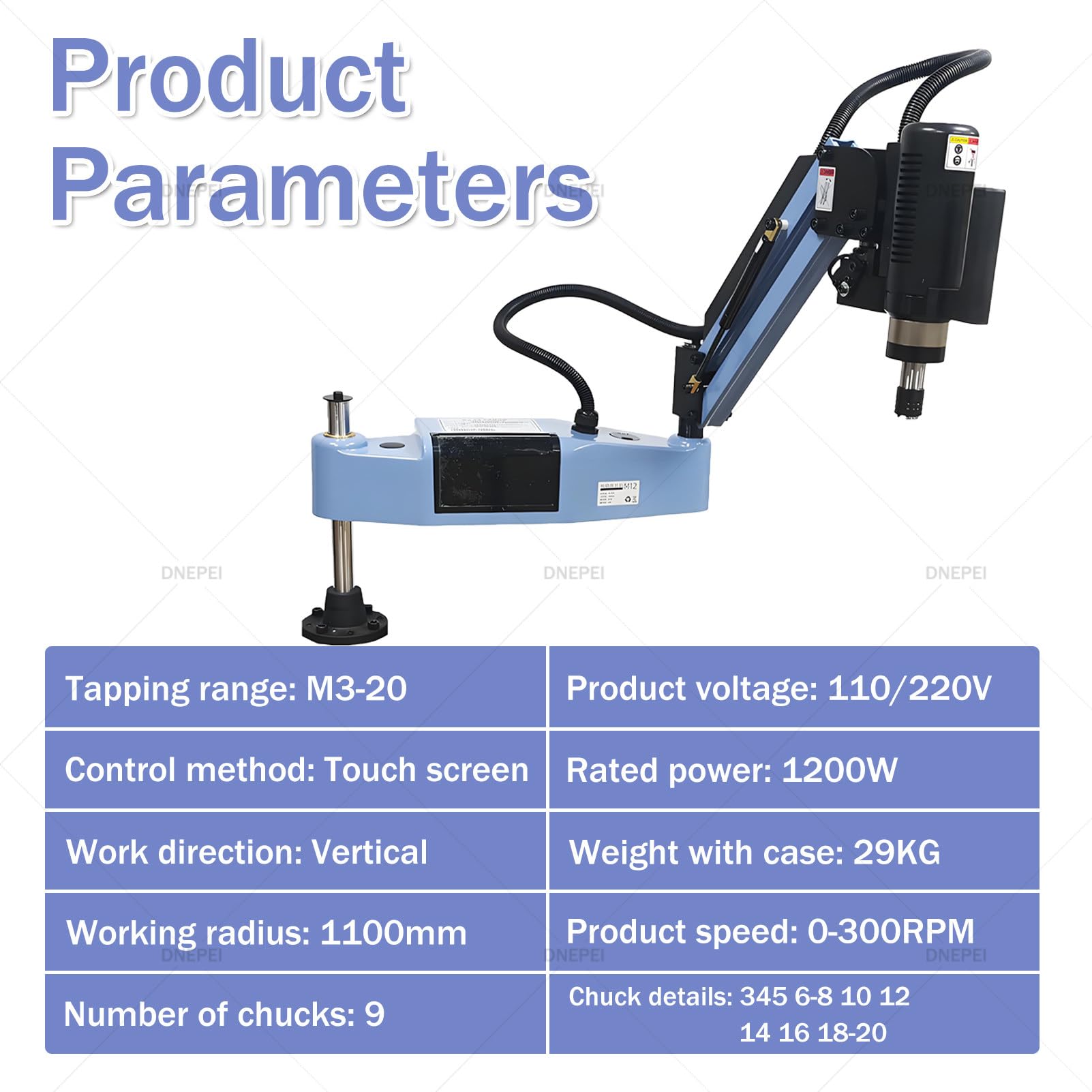 Roscadora eléctrica M3-M20, roscadora Universal de 360° con Brazo Flexible de 1100 mm y 8/9 portamachos GT12 ANSI, Alta Velocidad de 0 a 375 RPM. Vertical-M20