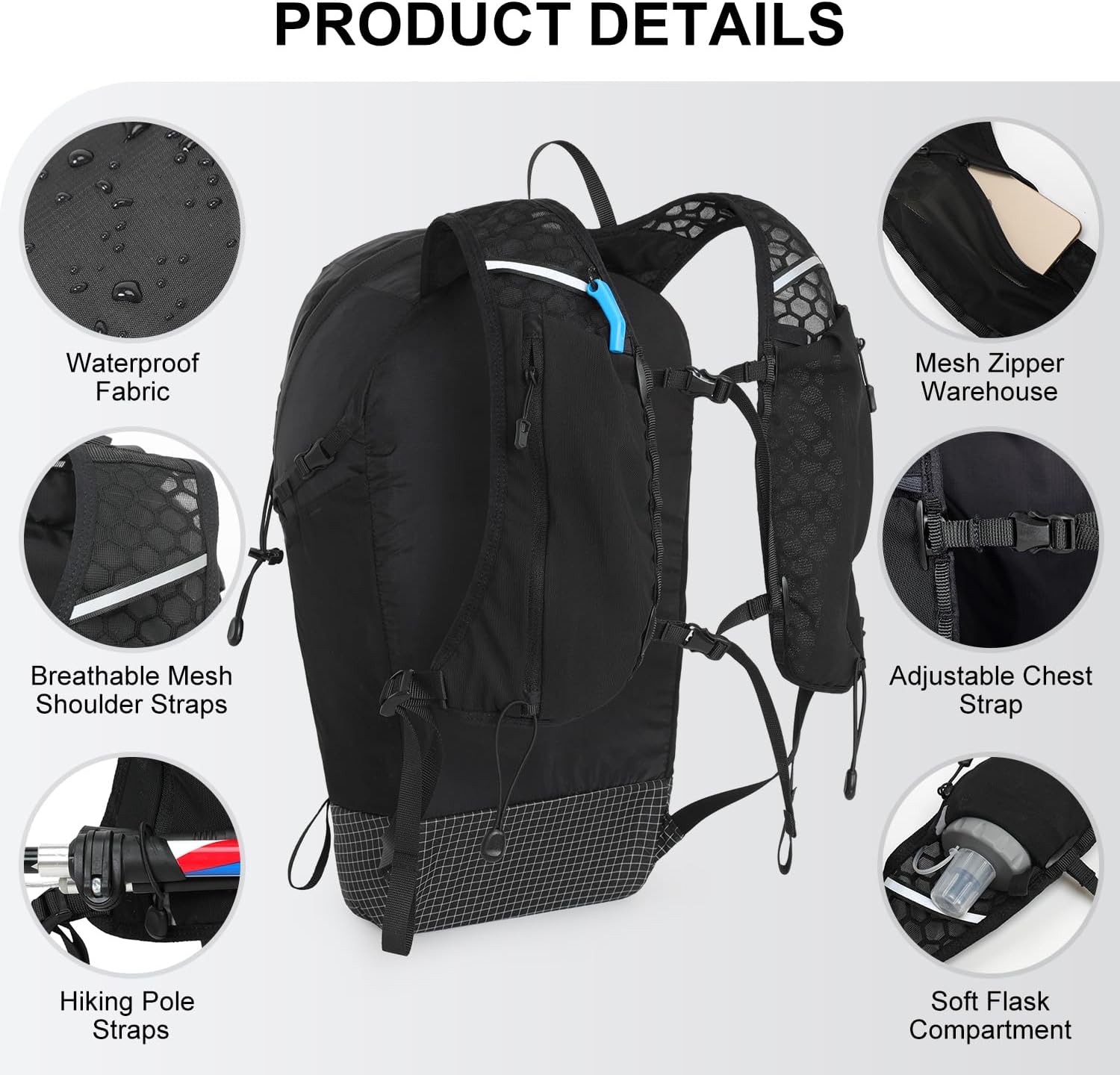 IX INOXTO Hiking Backpack 15L/22L Ultra Lightweight Packable Travel Backpack Small Waterproof Foldable Outdoor Day Pack with Two 500ML Soft flasks for Men Women (Black)