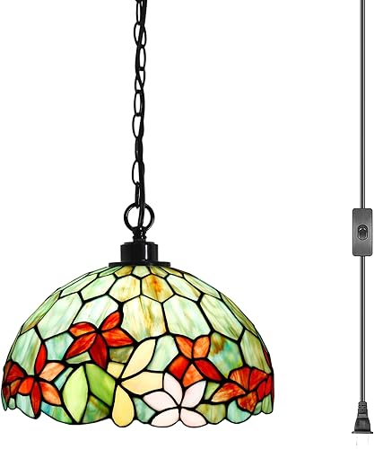 Tiffany - Lámpara colgante con enchufe de vitrales de 12 x 12 x 181 pulgadas, lámpara colgante (flores rojas y verdes para comedor y sala de estar