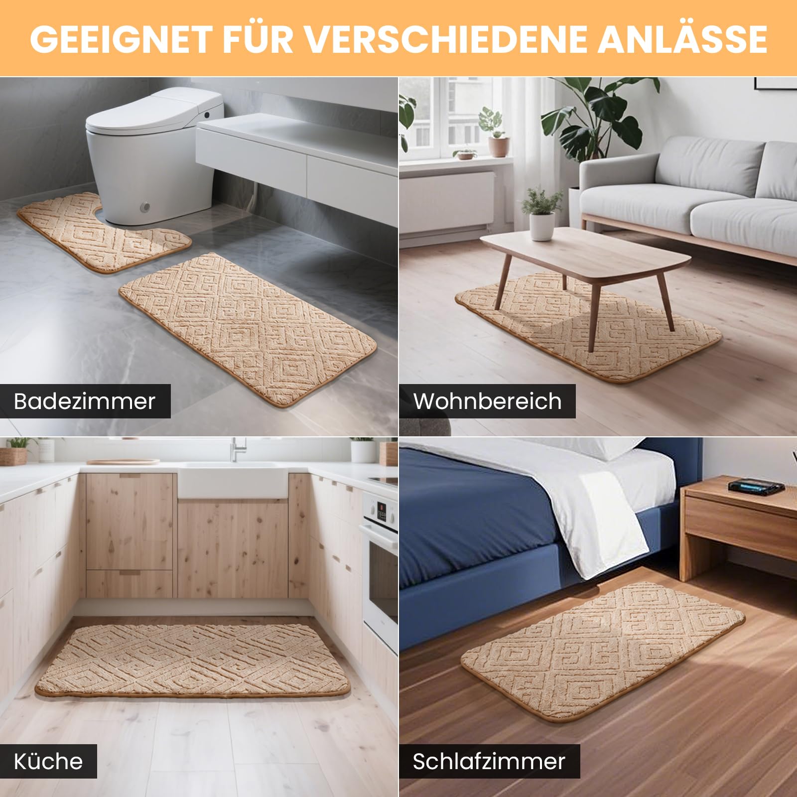 HOMELUX 2BF - Lot de 2 tapis de bain antidérapants - Doux et moelleux - 60 x 100 cm + tapis WC 60 x 50 cm - Avec découpe - Crème