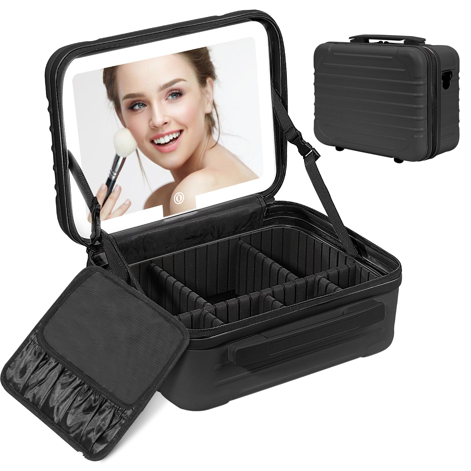 Deciniee Estuche de Maquillaje con Espejo LED: 3 Modos de Luz Bolsa de Maquillaje con Espejo y Luz - Portátil Maletin Maquillaje con Espejo - Negro
