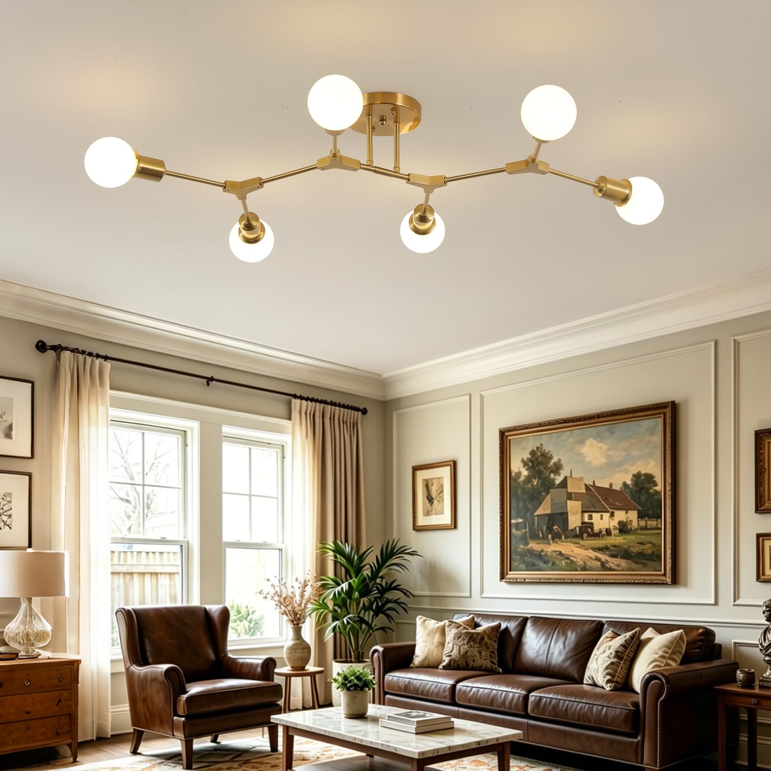 Photo 1 of QUOOBE Modern Mid Century 6 Light Semi Flush Mount Ceiling Lighting Fixture for Living Room Bedroom Dining Room Hallway Kitchen Office,Long Large Gold Sputnik Chandelier