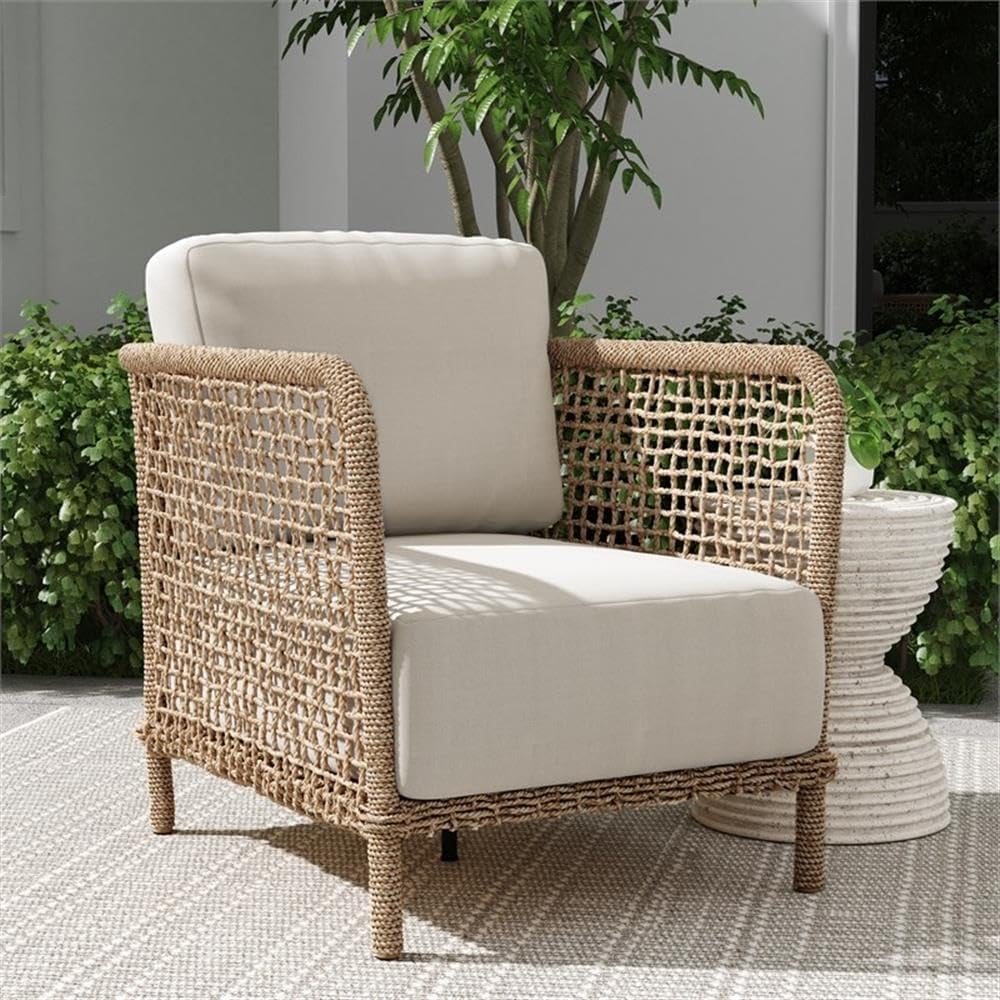 Pemberly Row Natural Rattan Outdoor Accent Chair, Aluminum Frame, Handwoven Rattan, Performance Fabric Seat, Removable Cushions, Lightweight Design, Weather-Resistant, Patio Garden or Balcony Seating