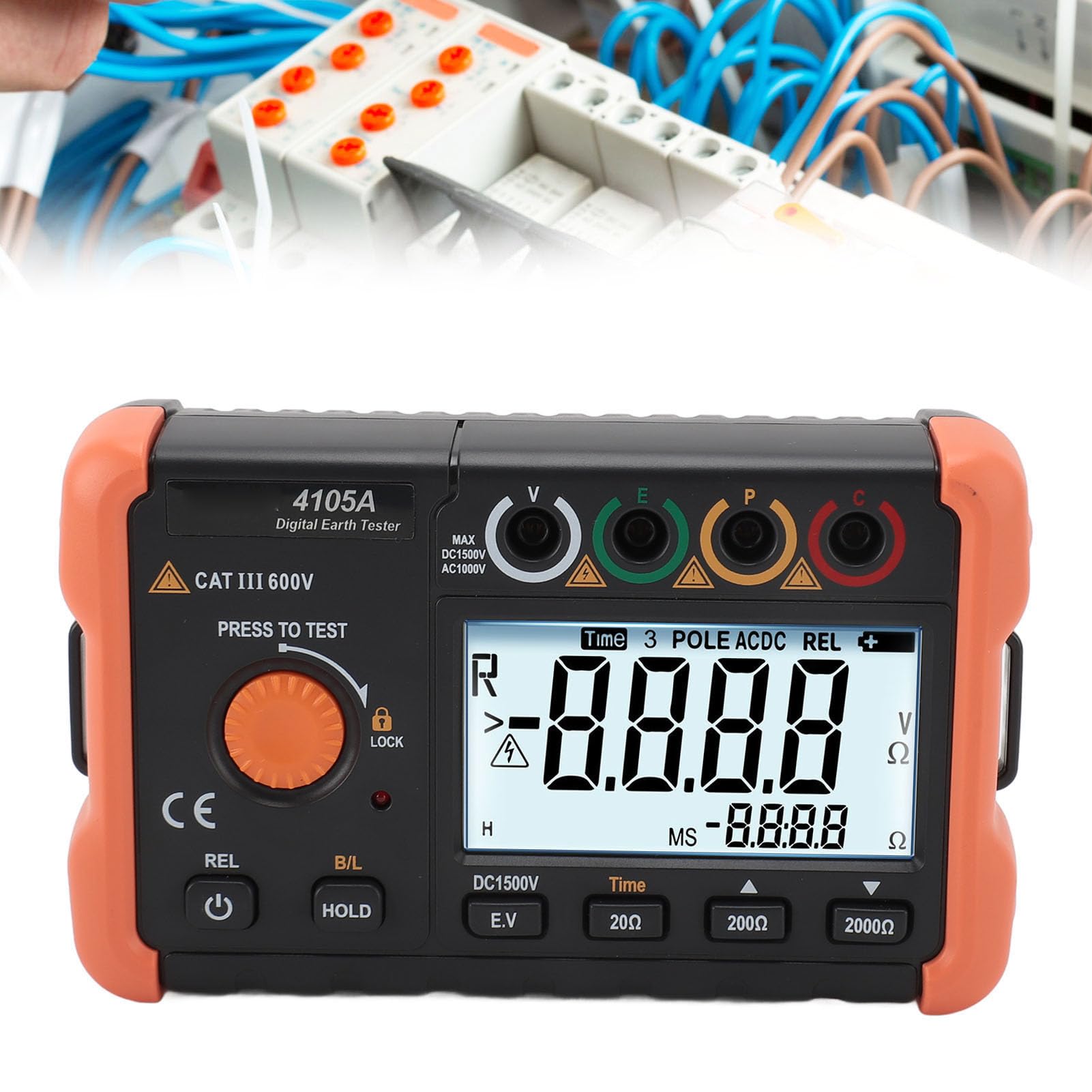 Probador de Resistencia Al Suelo de la Tierra, Medidor de Medidor Digital Medidor de Luz LCD Pantalla de Luz de Fondo 2000 Conts 0? 1000V de Tierra para Medidores Eléctricos de Resistencia Al Suelo