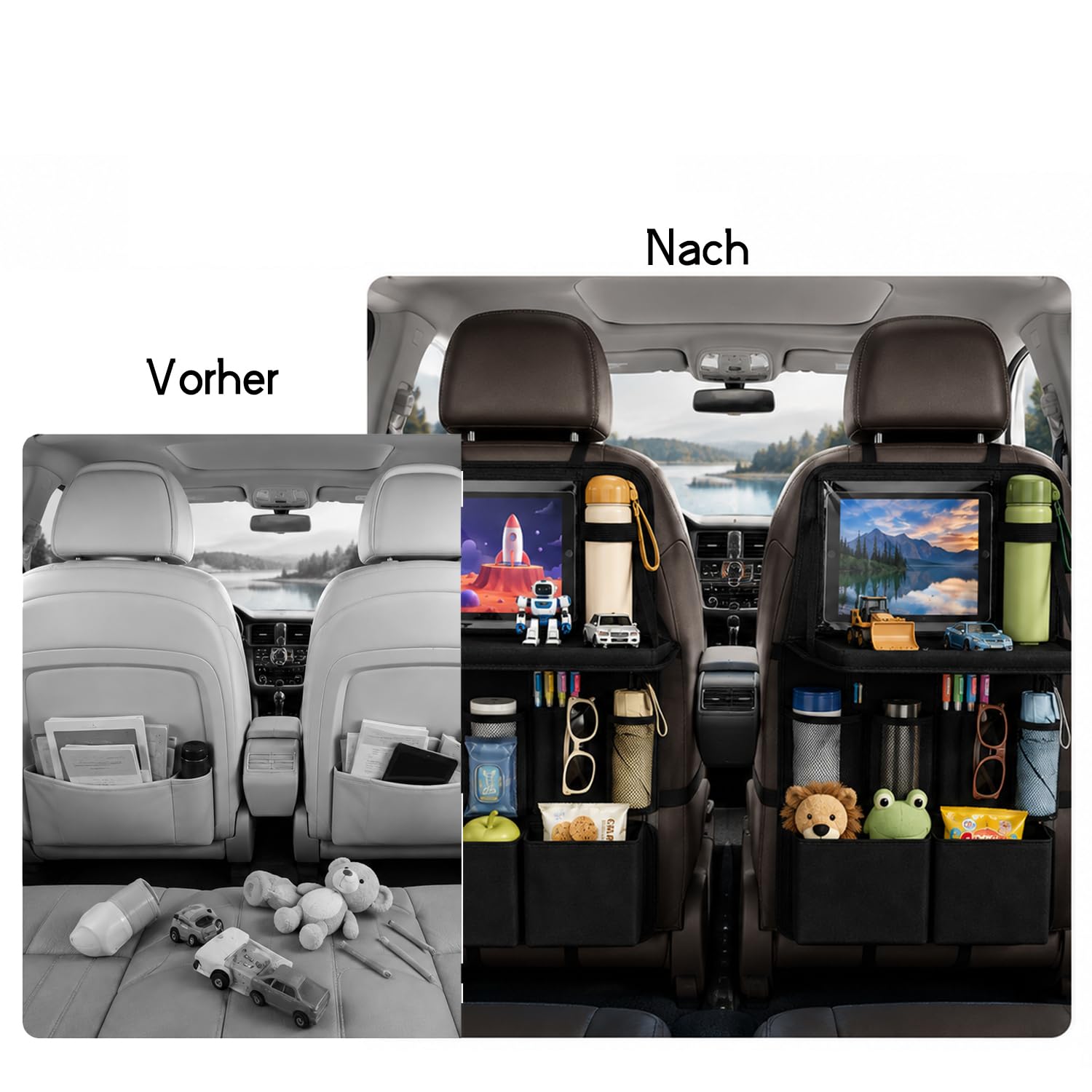 2 organizer per sedile auto per bambini, con tavolo pieghevole e supporto per tablet, 62 x 42 cm, protezione per lo schienale dell'auto, impermeabile, in tessuto Oxford con 12 tasche, accessori