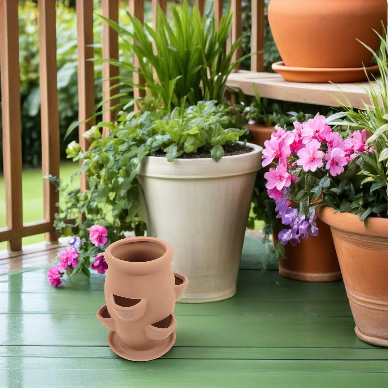 Toddmomy Lot de 2 Jardinières en Terre Cuite Légère 19x15x15 Cm à 6 Ouvertures pour Fraisiers et Plantes Grasses, Pots de Fleurs en Céramique D’intérieur et Extérieur, Jardinière Tour