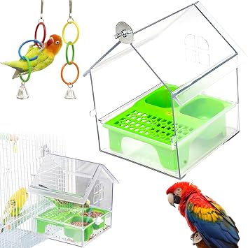 Pull-Out External Parrot Feeder, Ziveseller Long Lasting Outdoor Use Parrot Feeder, Decorative Transparent Bird Bath Tub Easy to Fill, Birds Cage Accessories for Wooden and Iron Cages Green, 1pc