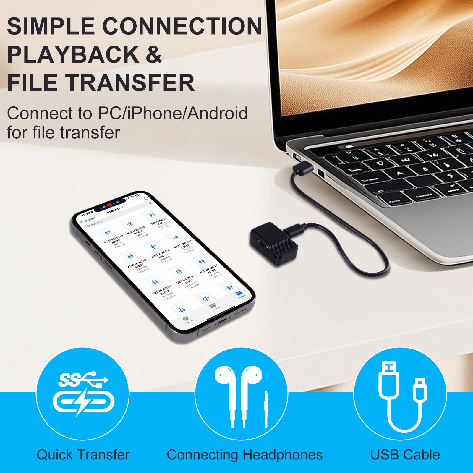 Mini grabadora de voz magnética - Dispositivo de grabación de audio activado por voz para coche, reunión, oficina - Batería de 72 horas, USB-C, reducción de ruido, operación con un solo clic