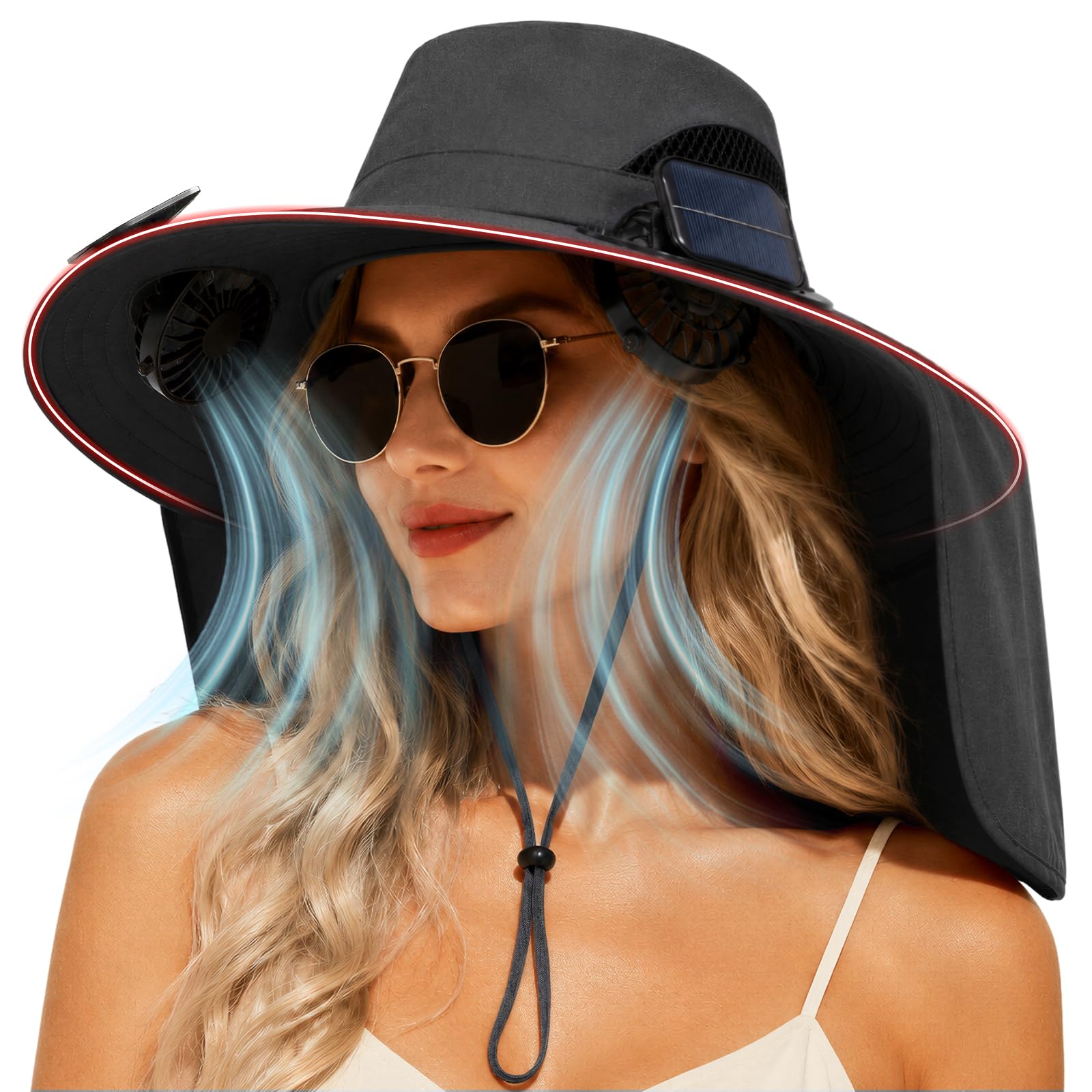 Solar Panel Powered Fan Built in Wide Brim Outdoor Fishing Sun Hat Beach Trip Essential Summer Vacation Must Have Travel Accessories Hike Backpacking Camping Supplies Stuff Thing Need Gear Gift Item
