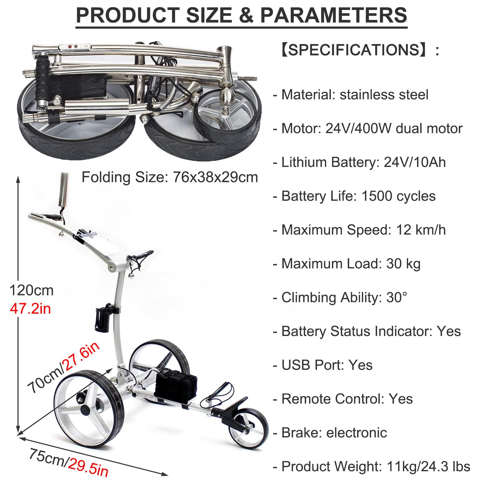 Carrito de golf eléctrico de 3 ruedas con control remoto, plegable con soporte para teléfono celular y soporte para paraguas, carrito de doble motor para un fácil transporte de golf