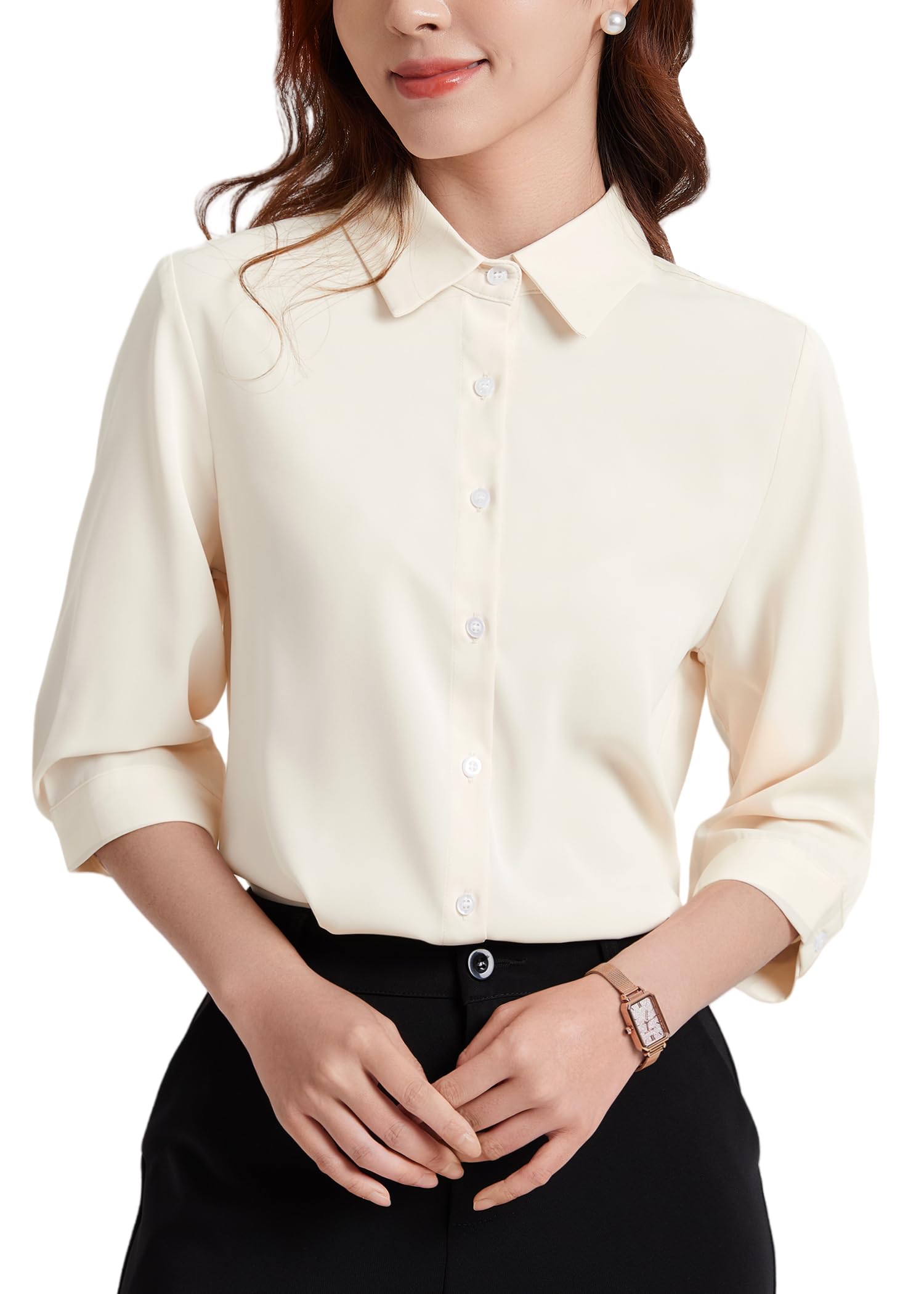 [Enmain] 新登場！101S「ドレープ感 」高通気 快適 柔らかい シフォン ブラウス UV防止 UPF50+ オフィス 事務服 通勤 就活 きれいめ ノーアイロン ワイシャツ レディース 七分袖 ゆったり/80番手