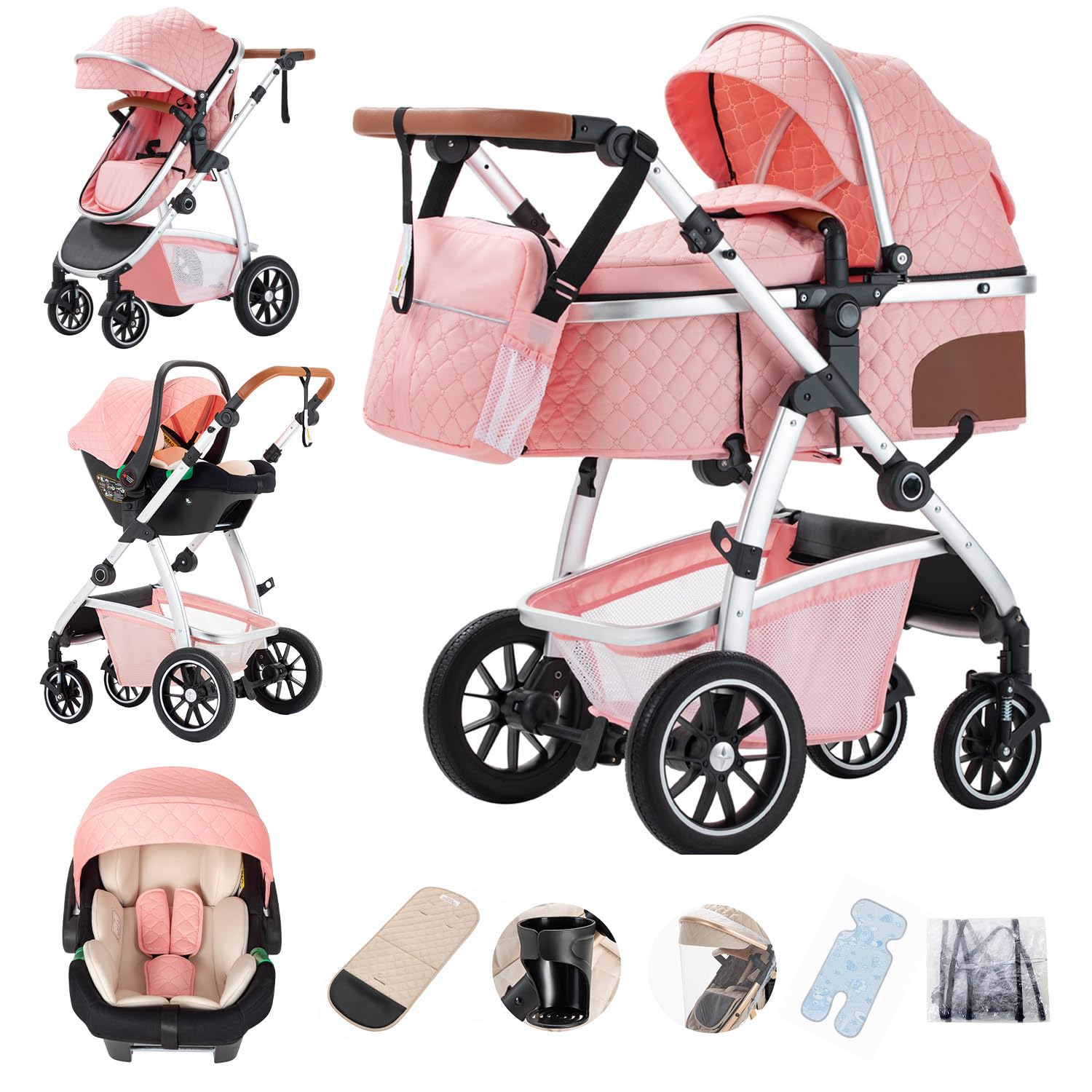 Gcarebb Passeggino 3 in 1, Passeggini Cittadini Con Seggiolino Auto, Passeggino Canna Maniglia Regolabile in Altezza, Passeggini Combinati Paesaggio Alto Telaio in Alluminio Adatto Per 0-4 Anni