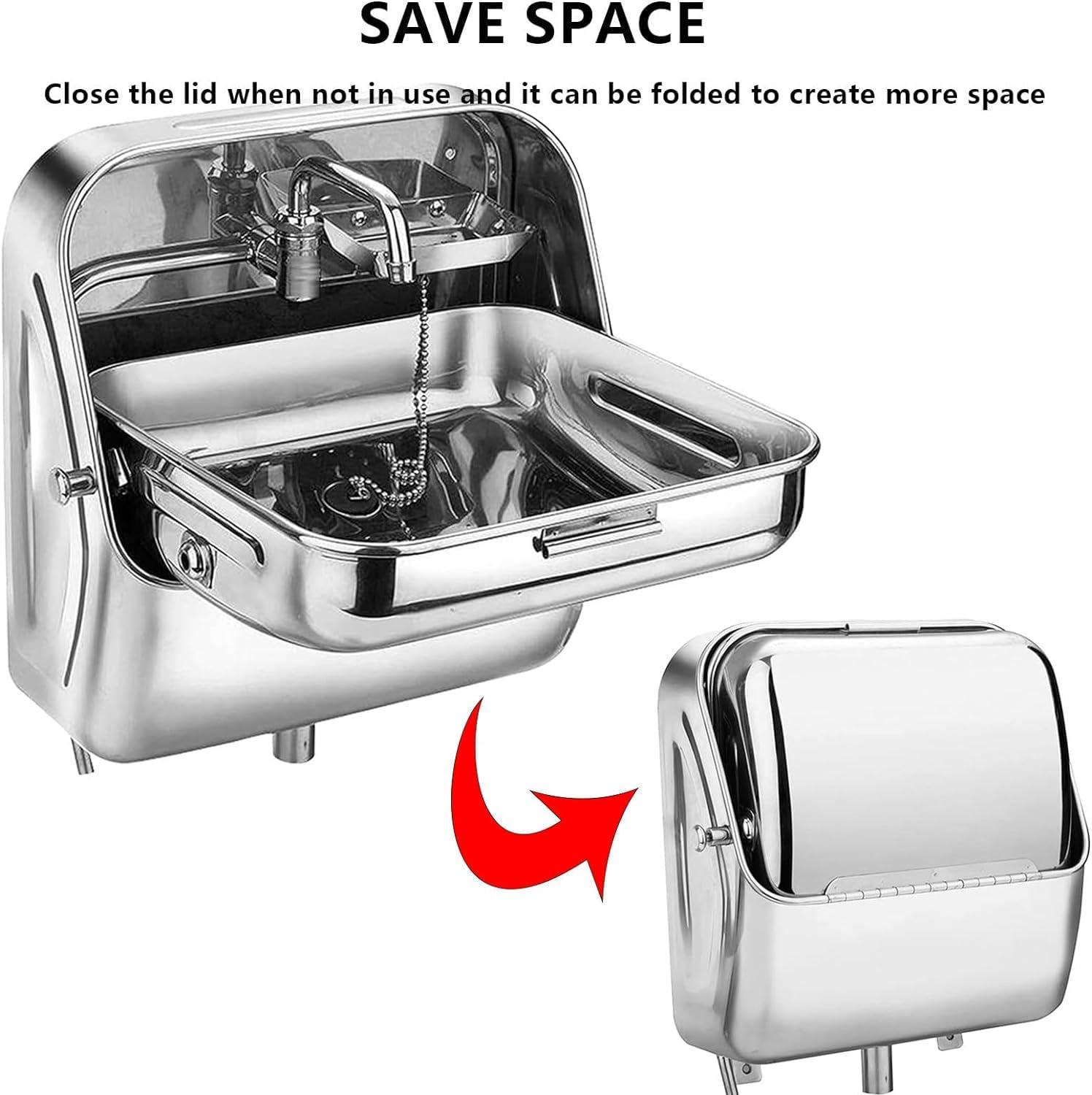 Lavello pieghevole da parete con coperchio e rubinetto per casa mobile, barca, roulotte, furgoni, camper, roulotte, roulotte, barche, camper, lavello in acciaio inox 304