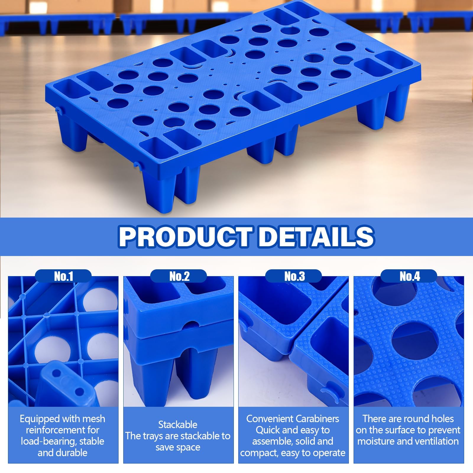 6pcs-Palés Plástico Ligeros, palé ligero con rejilla transpirable para supermercados, restaurantes, tiendas, almacenes, sótanos, 50 x 30 x 10 cm